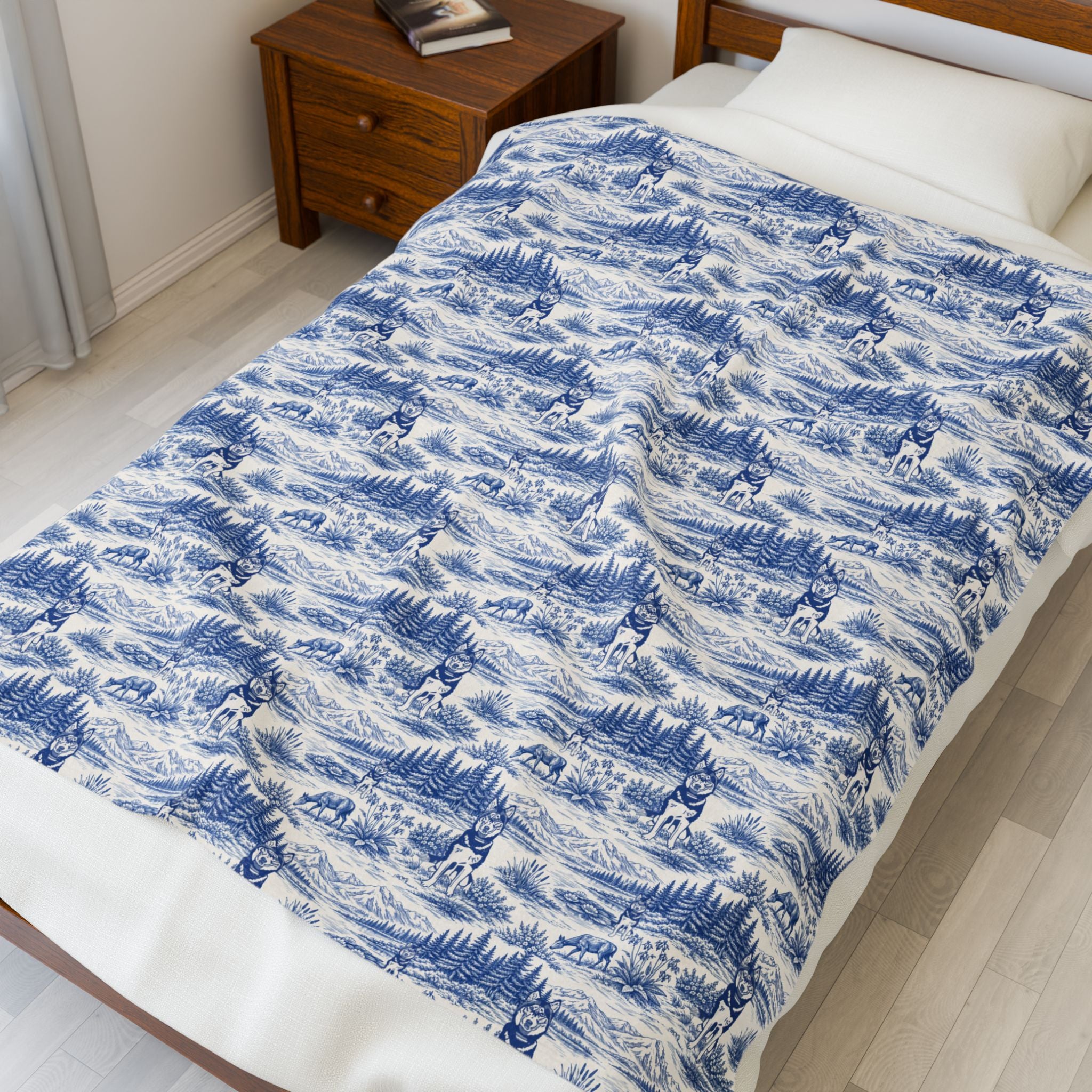 Husky Toile Wilderness Landscape Blanket | Blue Scenic Velveteen Plush Blanket