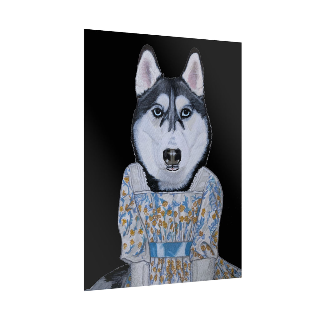 Funny Husky Wearing Jane Austen Style Regency Era-Inspired Dress Wall Poster - Black Background