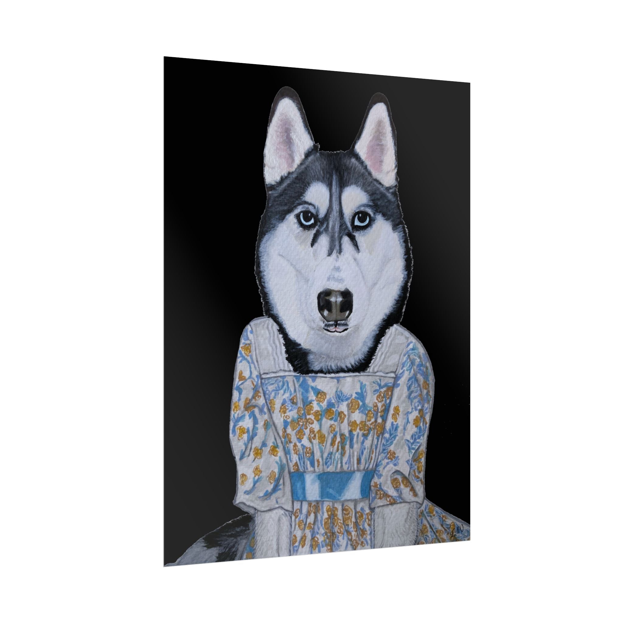 Funny Husky Wearing Jane Austen Style Regency Era-Inspired Dress Wall Poster - Black Background