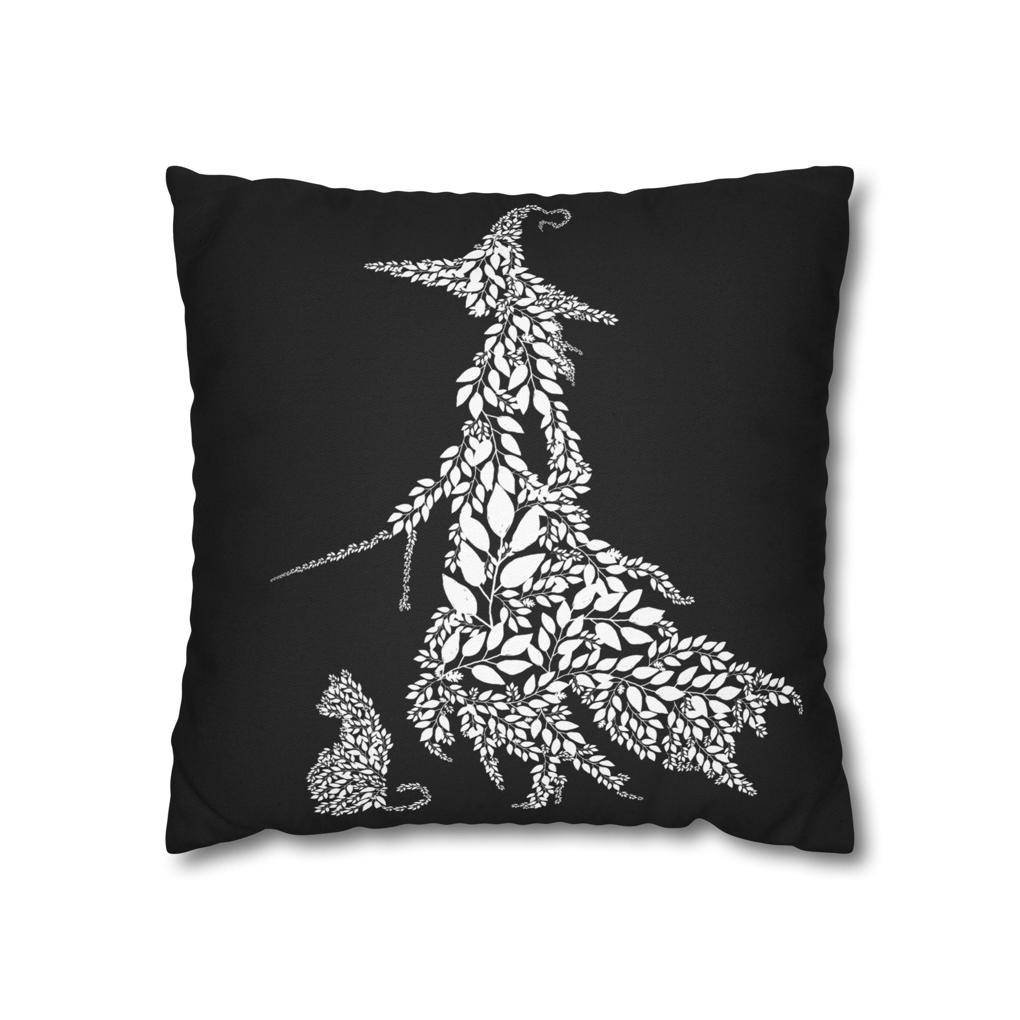 Botanical Witch & Cat Pillow: Black and White Faux Suede Decor