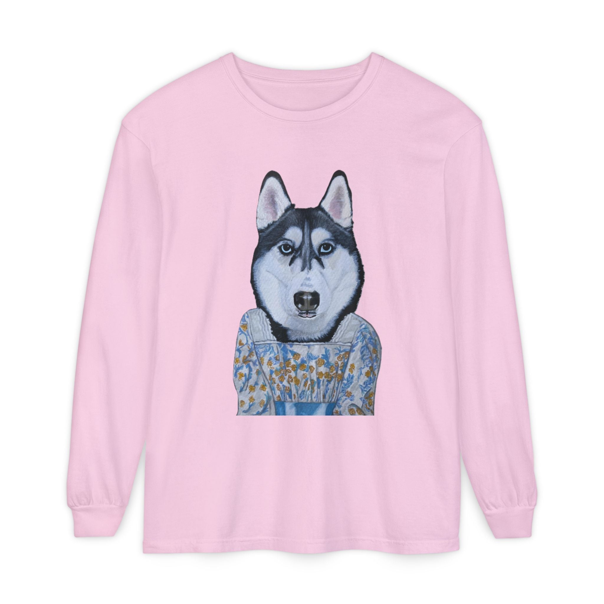 Husky Wearing Jane Austen Style Dress Long Sleeve T-Shirt, Animal Lover Gift, Dog-Themed Apparel, Casual Wear, Winter Fashion