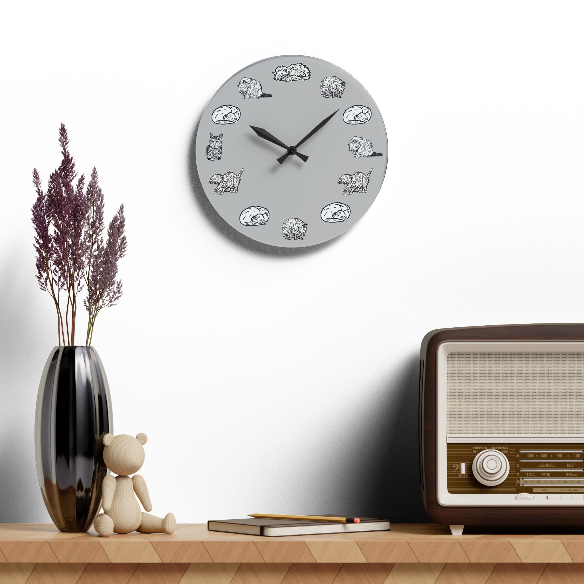 Gray Cat Wall Clock, Whimsical Nursery Decor, Acrylic Clock