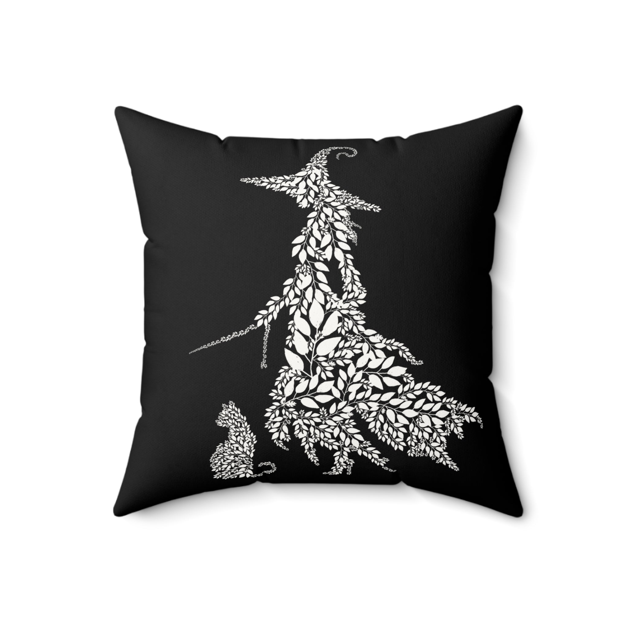 Botanical Witch & Cat Pillow: Black and White Faux Suede Decor