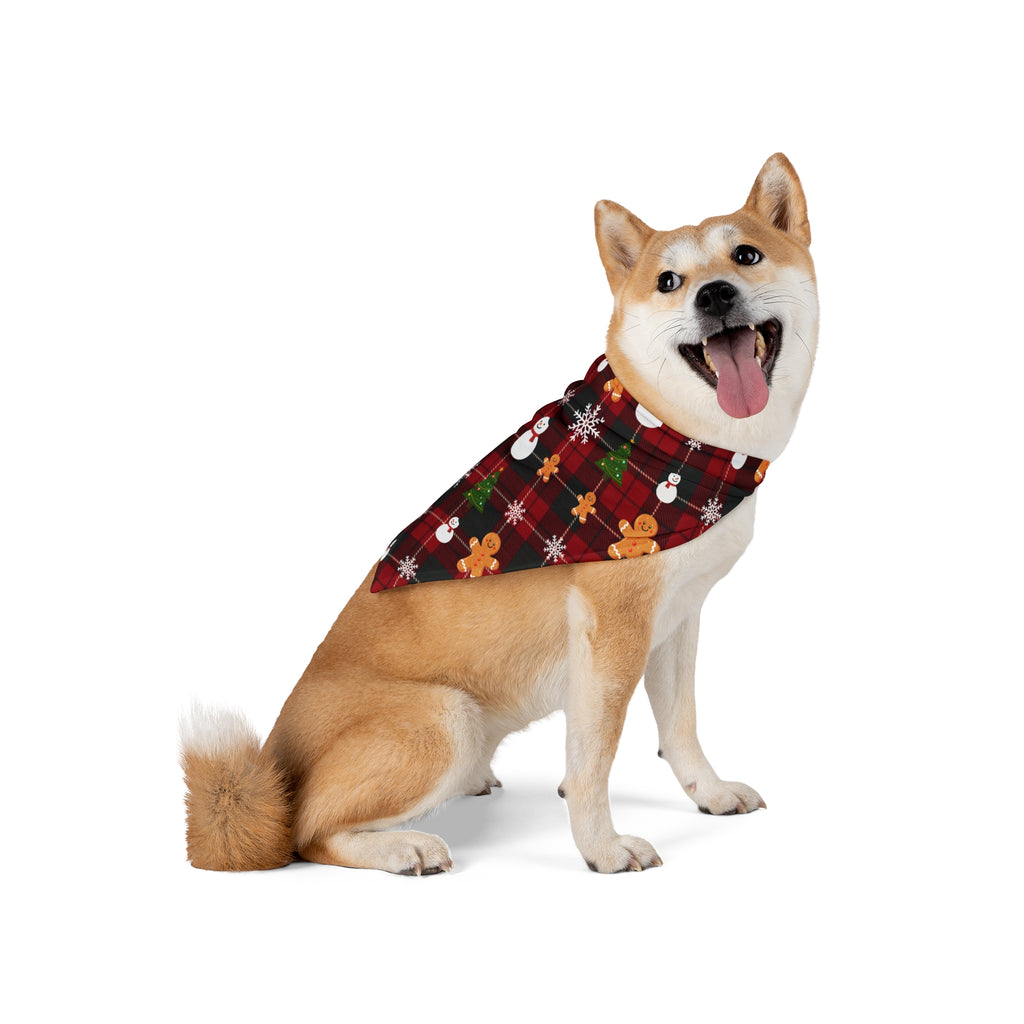 Christmas Plaid Snowmen Gingerbread Trees Pet Bandana | Holiday Dog Scarf
