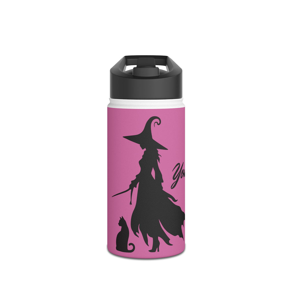 Elegant Witch and Black Cat Stainless Steel Water Bottle - Personalized Pink Travel Mug with Black Silhouettes