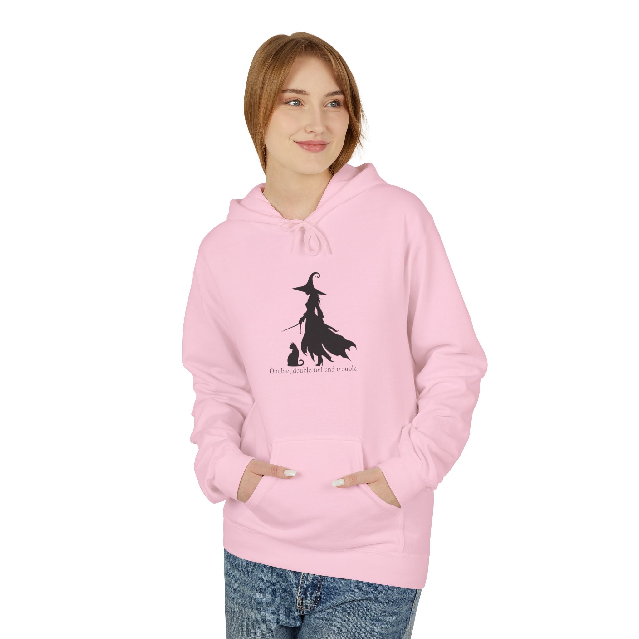 Witchy Cat Fleece Hoodie, Cozy Unisex Sweater, Perfect for Halloween, Casual Wear, Gift for Cat Lovers, Spooky Season Apparel