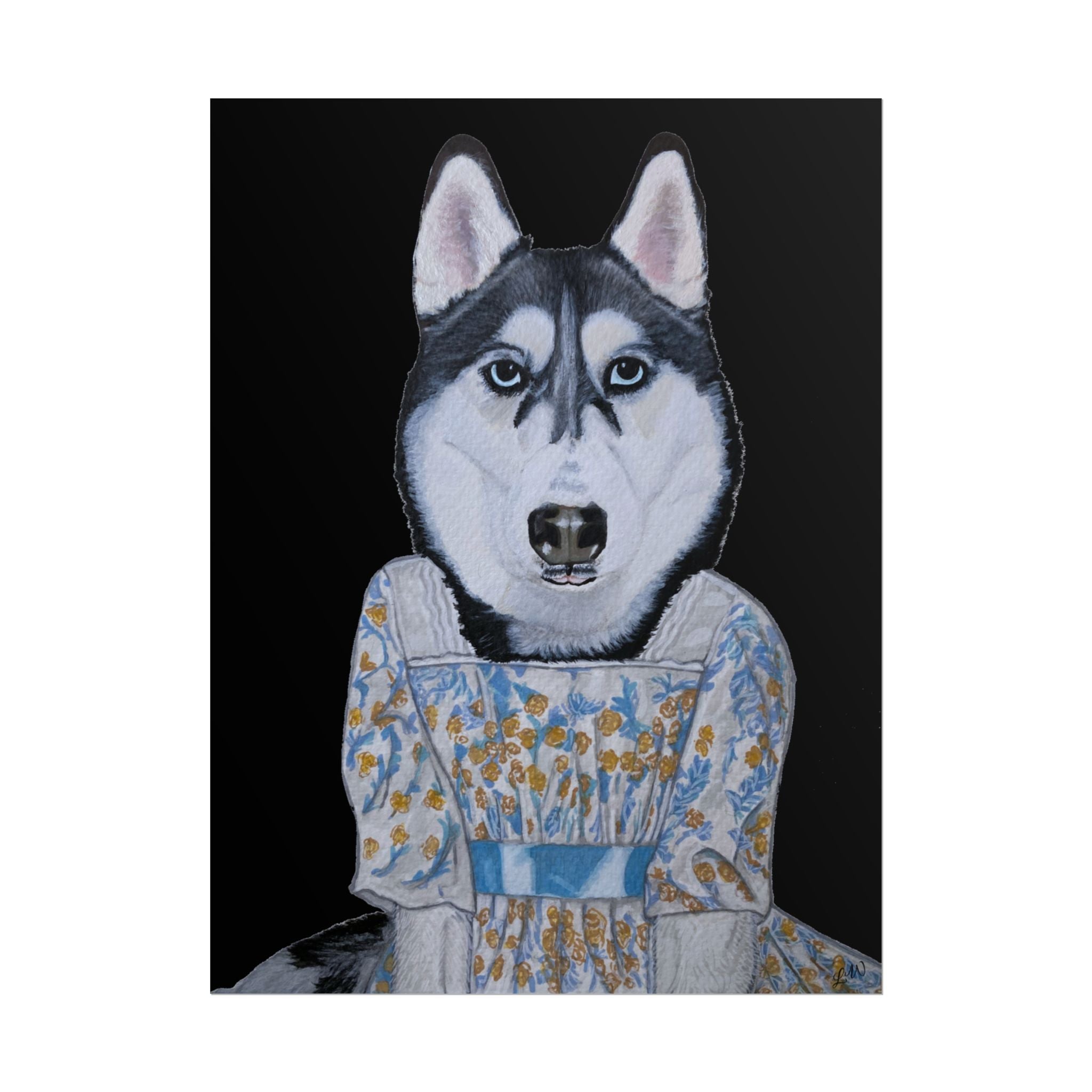 Funny Husky Wearing Jane Austen Style Regency Era-Inspired Dress Wall Poster - Black Background