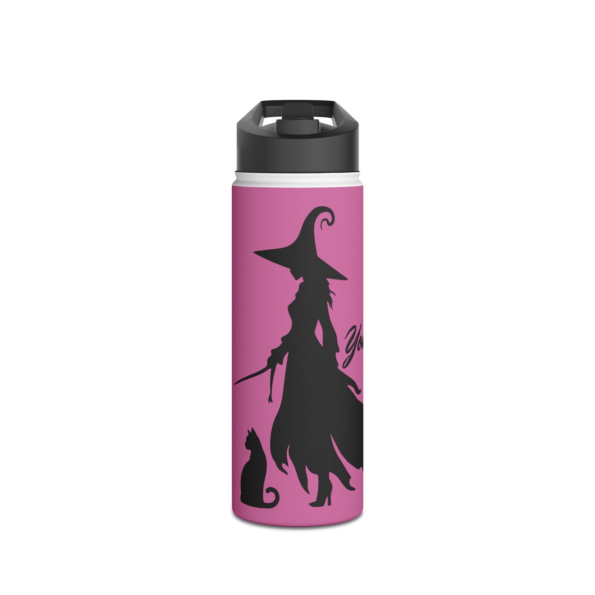 Elegant Witch and Black Cat Stainless Steel Water Bottle - Personalized Pink Travel Mug with Black Silhouettes