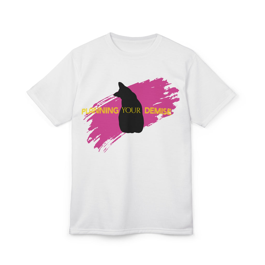 Black Cat Silhouette Planning Your Demise T-Shirt | Pink Paint Splash, Yellow Text
