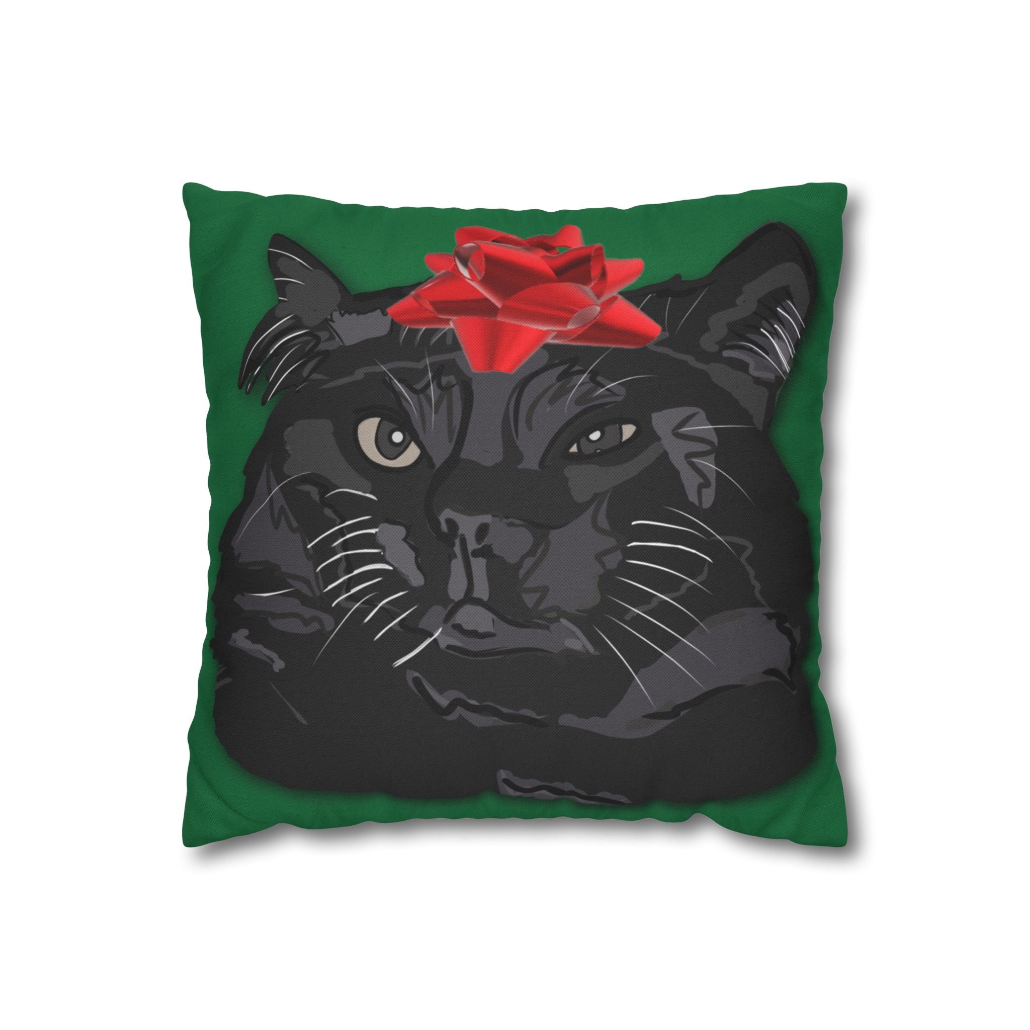 Black Cat with Red Bow Pillowcase - Green Background | Spun Polyester Square Pillowcase
