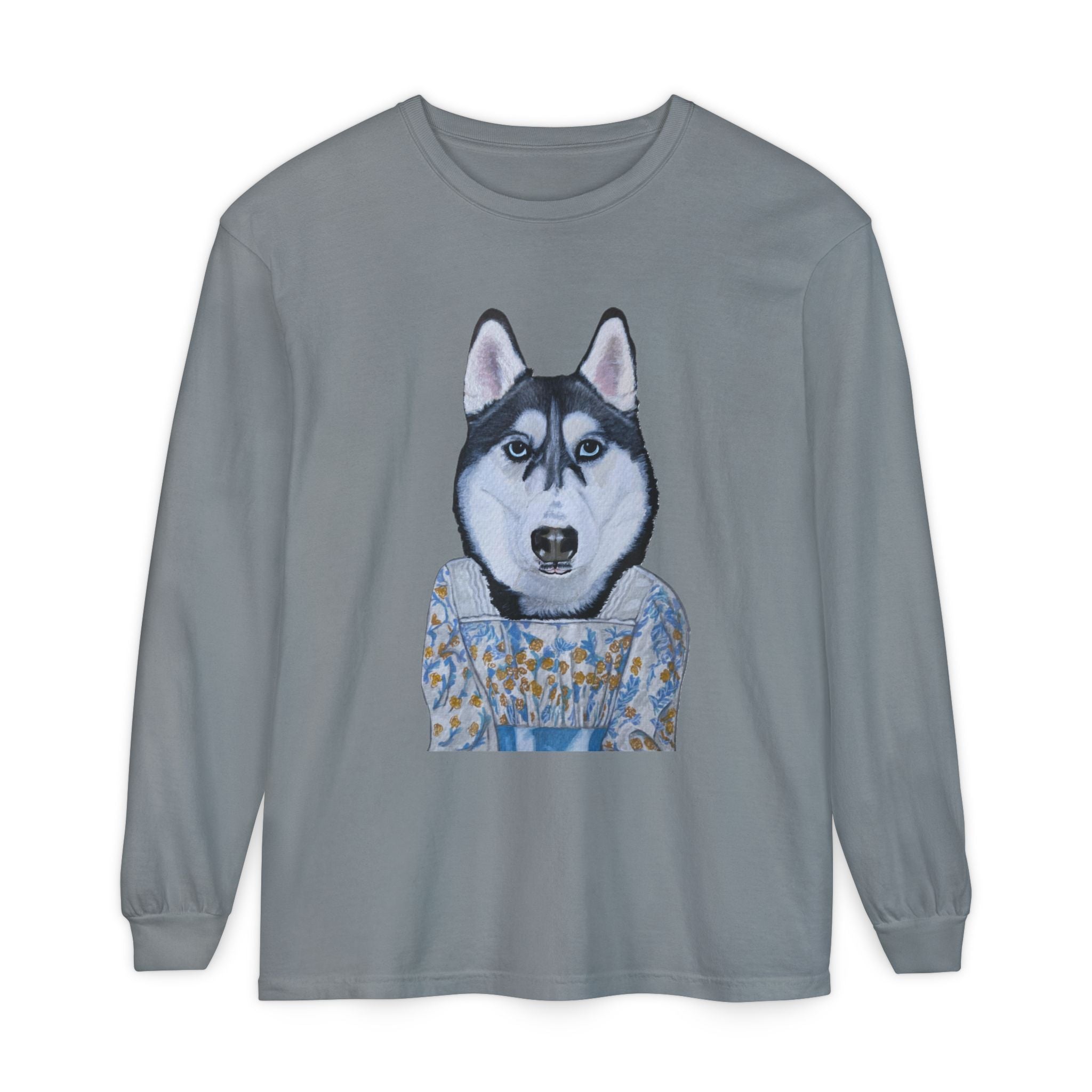 Husky Wearing Jane Austen Style Dress Long Sleeve T-Shirt, Animal Lover Gift, Dog-Themed Apparel, Casual Wear, Winter Fashion