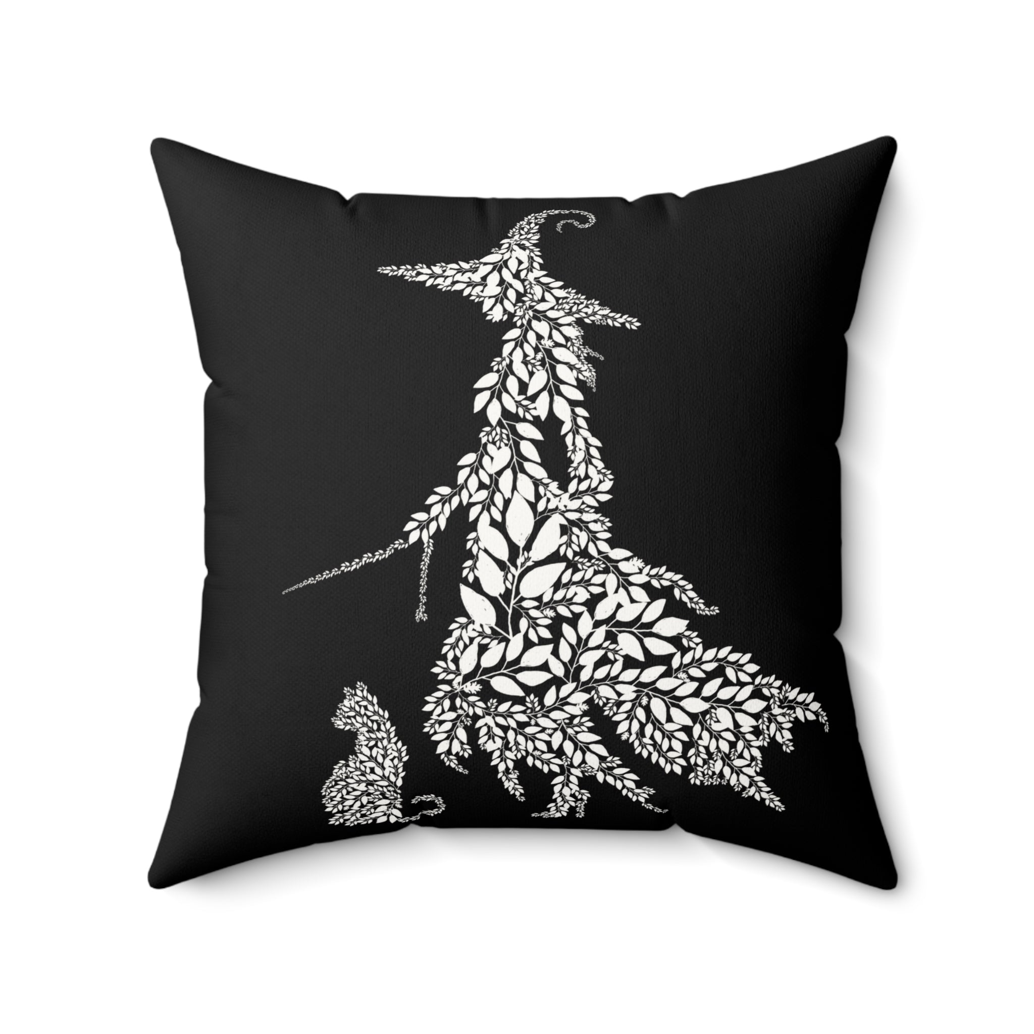 Botanical Witch & Cat Pillow: Black and White Faux Suede Decor
