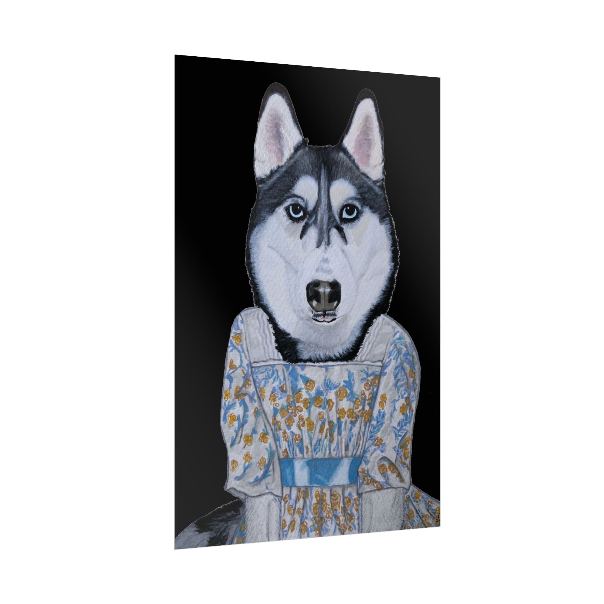 Funny Husky Wearing Jane Austen Style Regency Era-Inspired Dress Wall Poster - Black Background