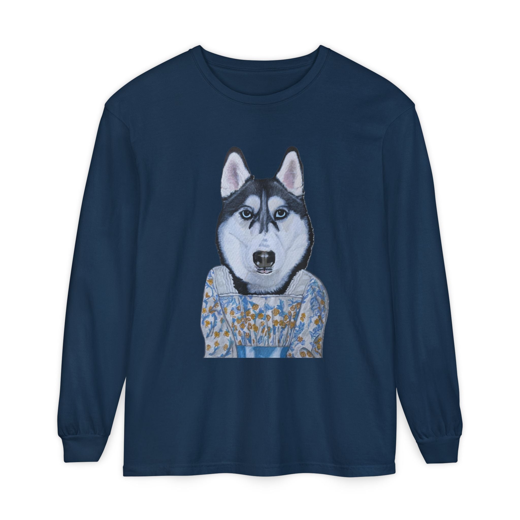 Husky Wearing Jane Austen Style Dress Long Sleeve T-Shirt, Animal Lover Gift, Dog-Themed Apparel, Casual Wear, Winter Fashion