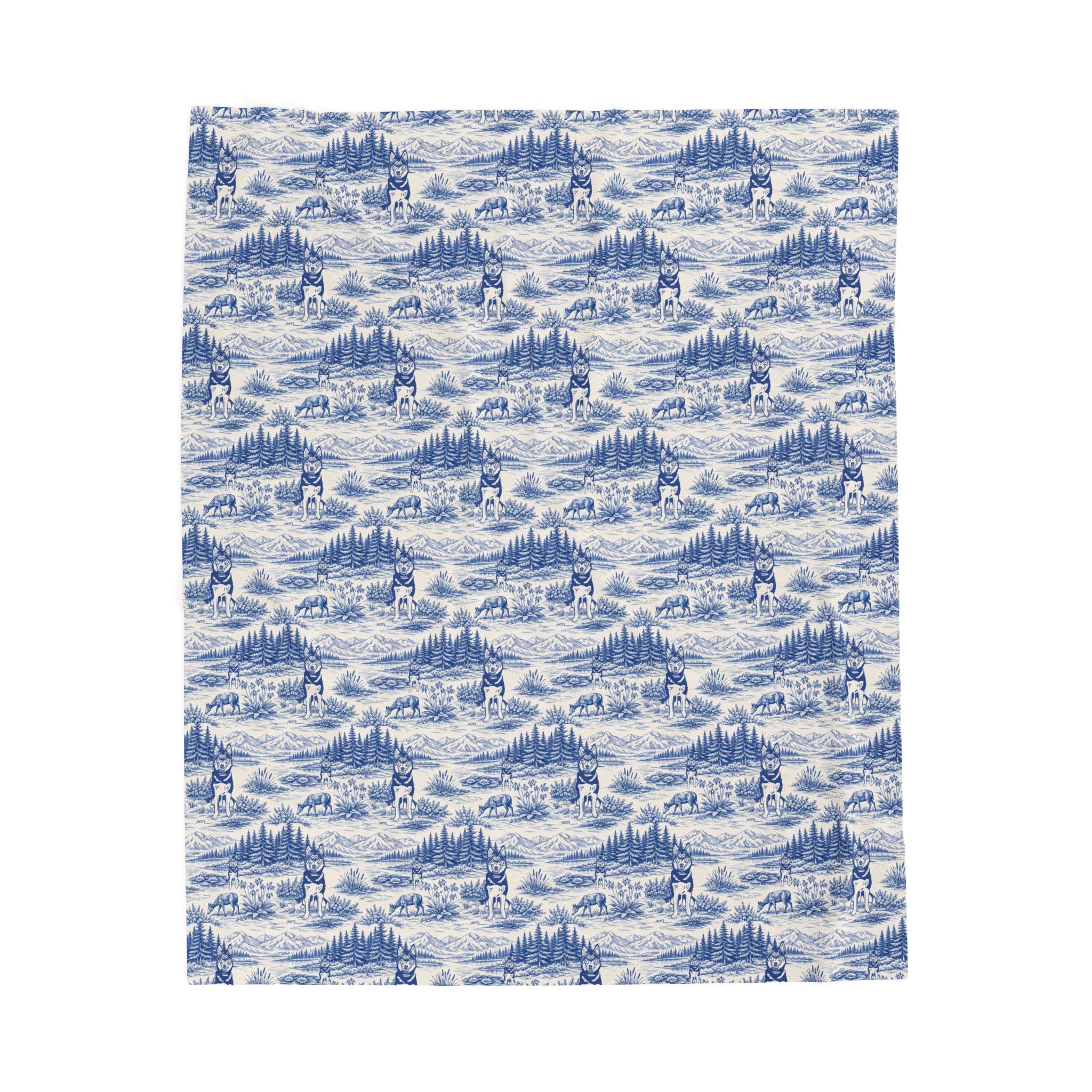 Husky Toile Wilderness Landscape Blanket | Blue Scenic Velveteen Plush Blanket