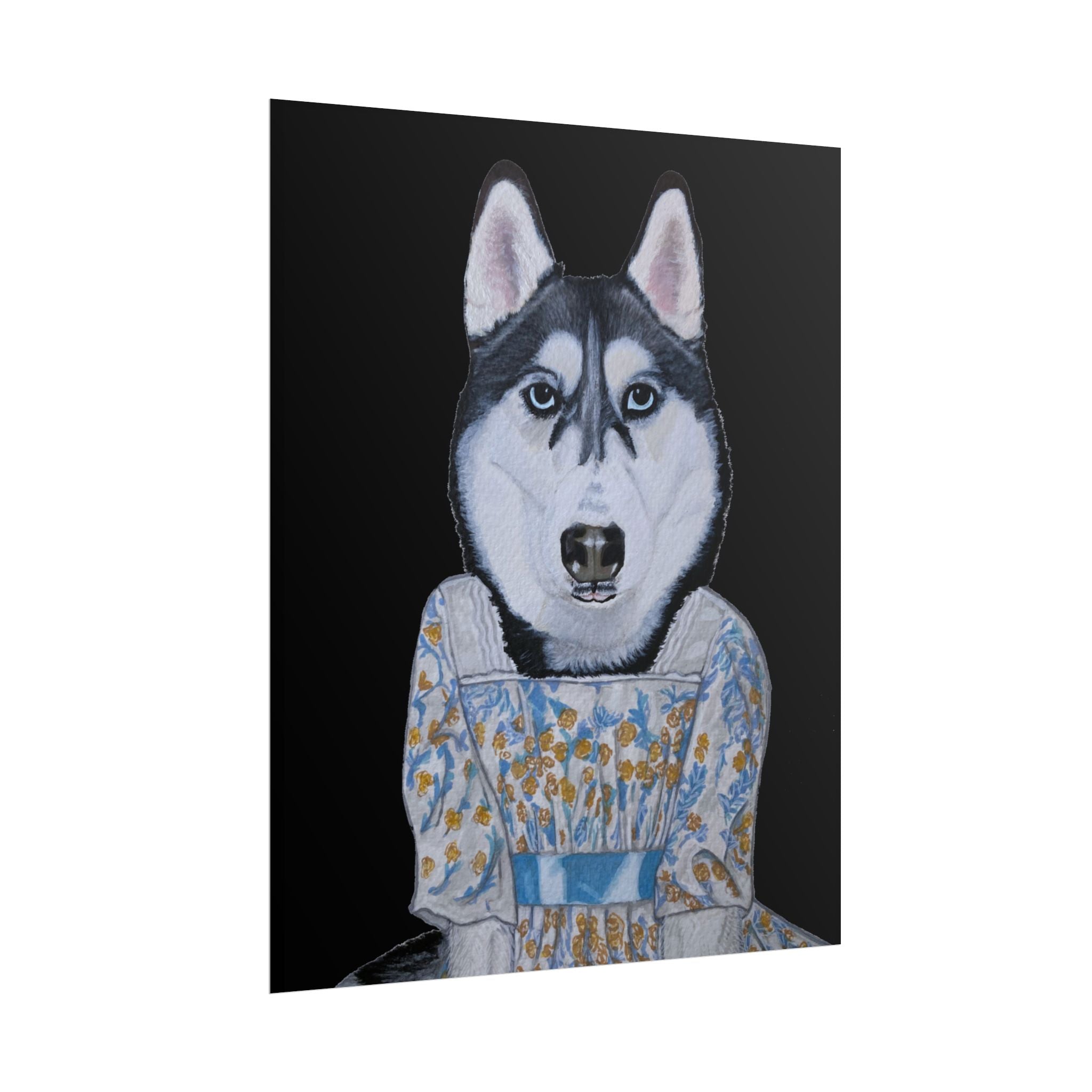 Funny Husky Wearing Jane Austen Style Regency Era-Inspired Dress Wall Poster - Black Background