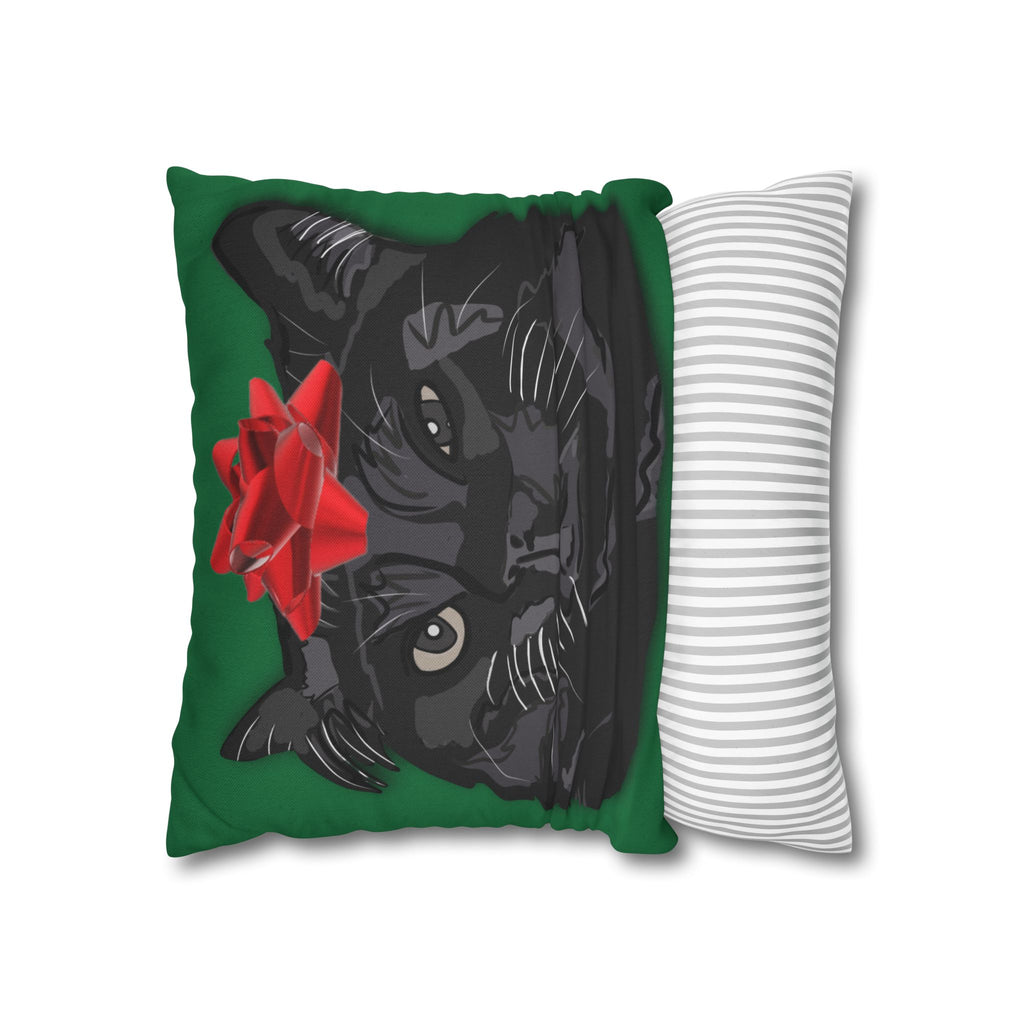 Black Cat with Red Bow Pillowcase - Green Background | Spun Polyester Square Pillowcase