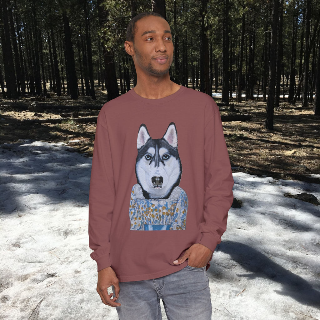 Husky Wearing Jane Austen Style Dress Long Sleeve T-Shirt, Animal Lover Gift, Dog-Themed Apparel, Casual Wear, Winter Fashion