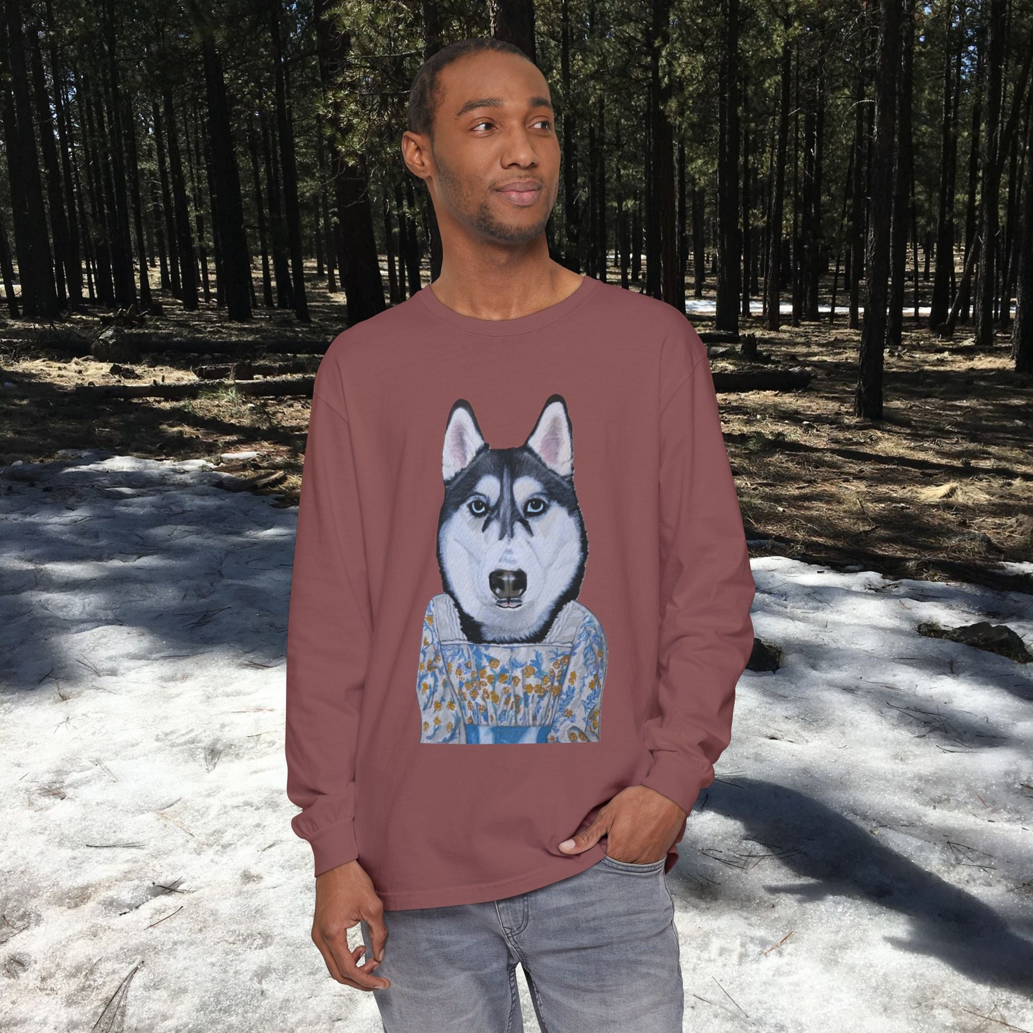 Husky Wearing Jane Austen Style Dress Long Sleeve T-Shirt, Animal Lover Gift, Dog-Themed Apparel, Casual Wear, Winter Fashion