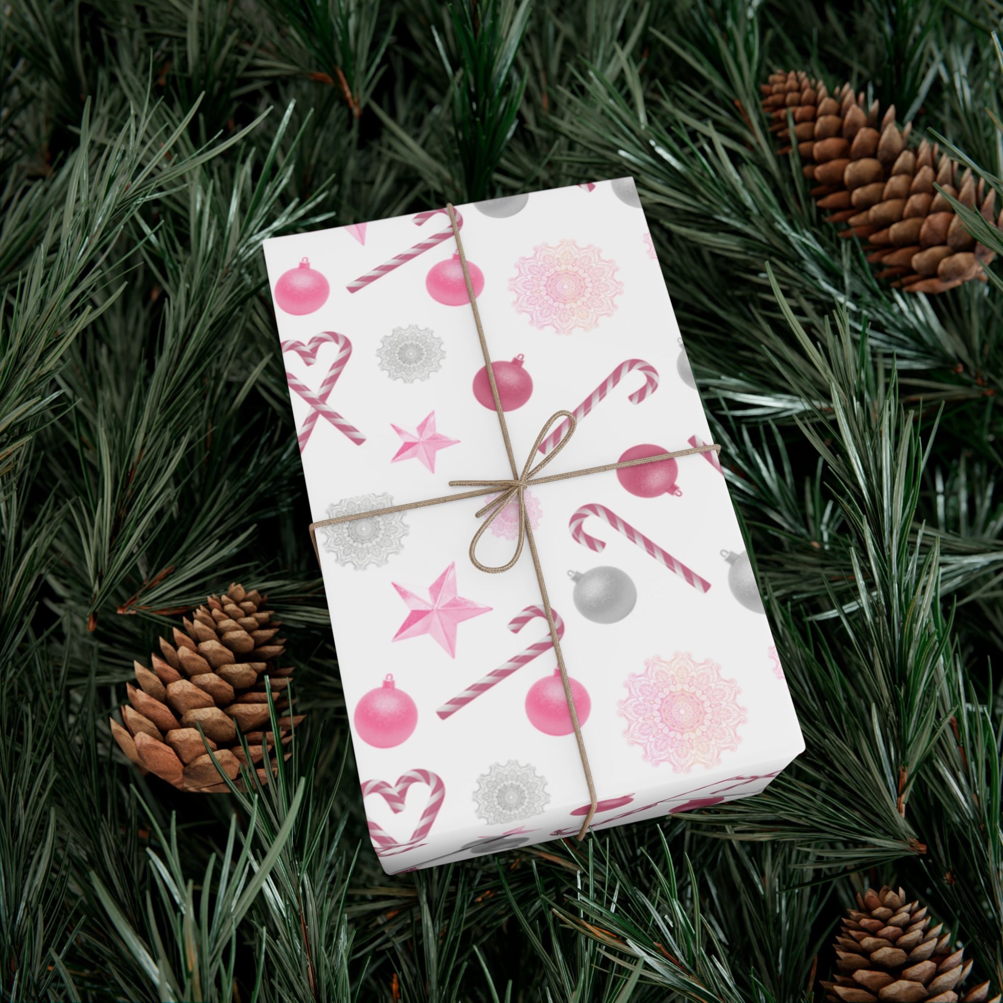 Shimmery White and Pink Christmas Wrapping Paper in Satin or Matte