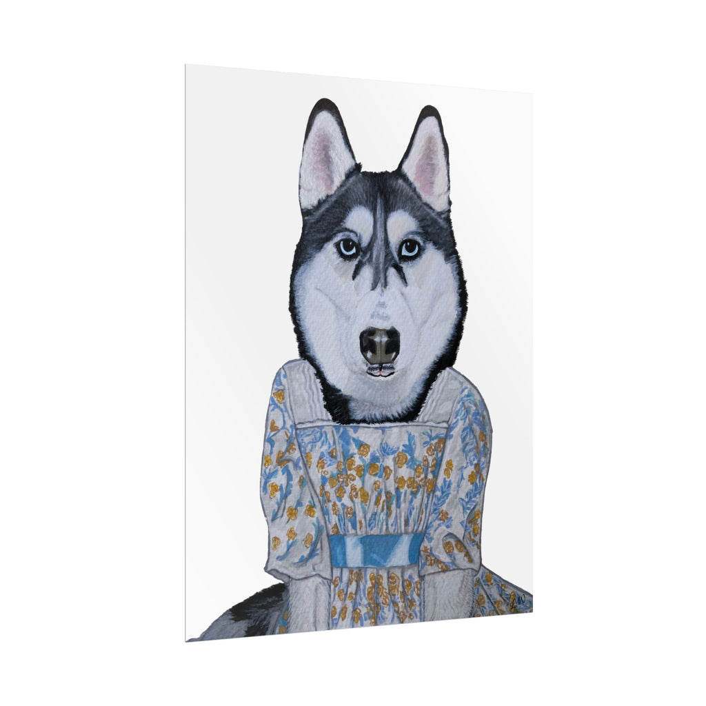 Funny Husky Wearing Jane Austen Style Regency Era-Inspired Dress Wall Poster - White Background