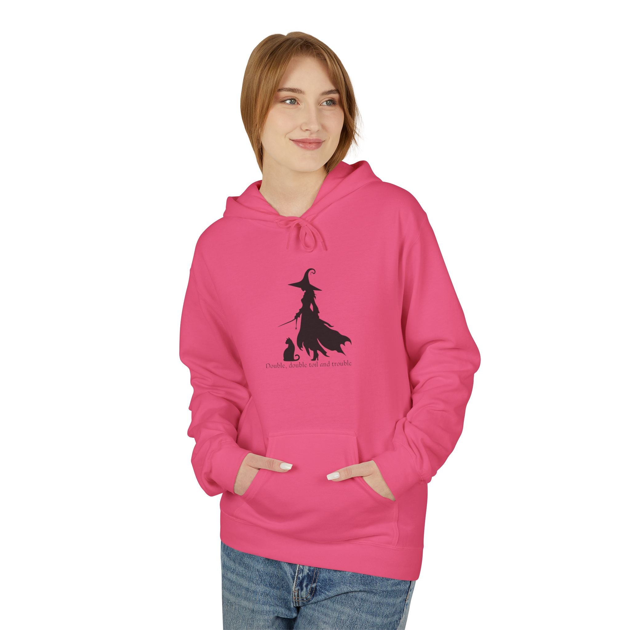 Witchy Cat Fleece Hoodie, Cozy Unisex Sweater, Perfect for Halloween, Casual Wear, Gift for Cat Lovers, Spooky Season Apparel