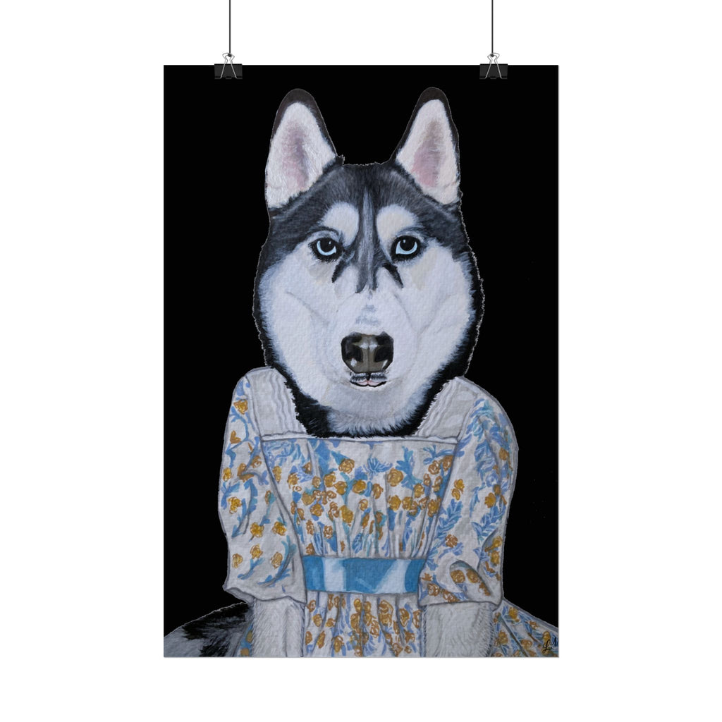Funny Husky Wearing Jane Austen Style Regency Era-Inspired Dress Wall Poster - Black Background