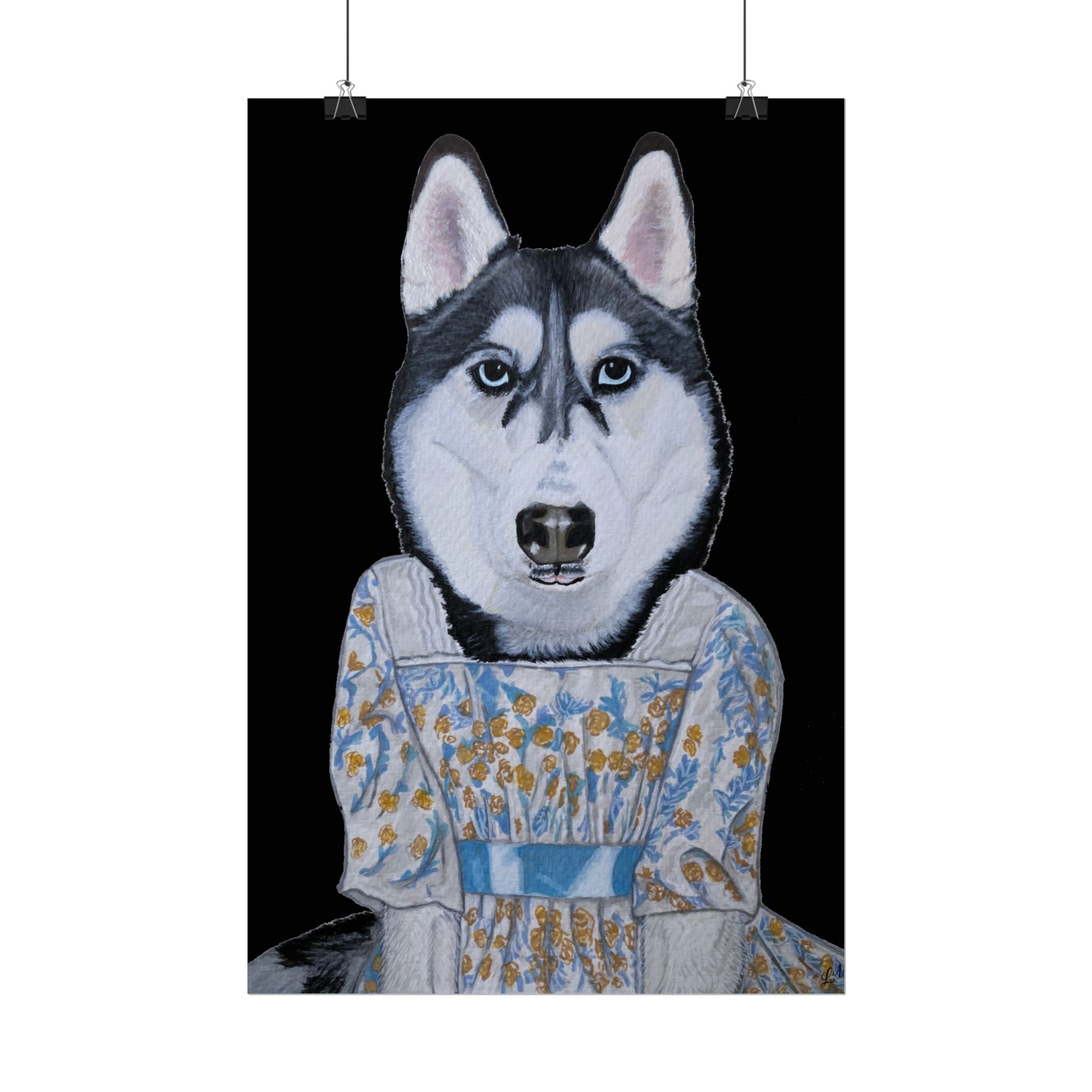 Funny Husky Wearing Jane Austen Style Regency Era-Inspired Dress Wall Poster - Black Background