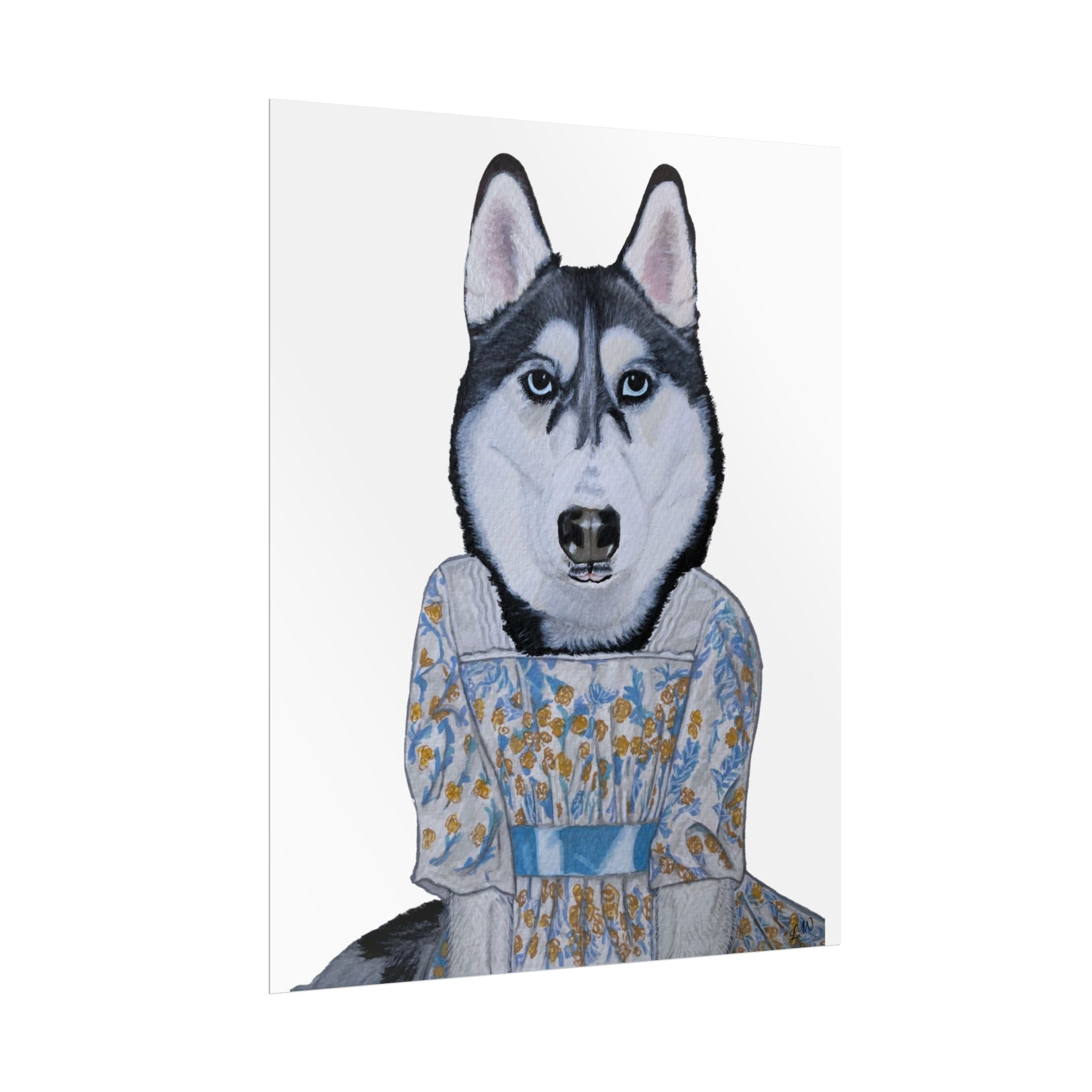 Funny Husky Wearing Jane Austen Style Regency Era-Inspired Dress Wall Poster - White Background