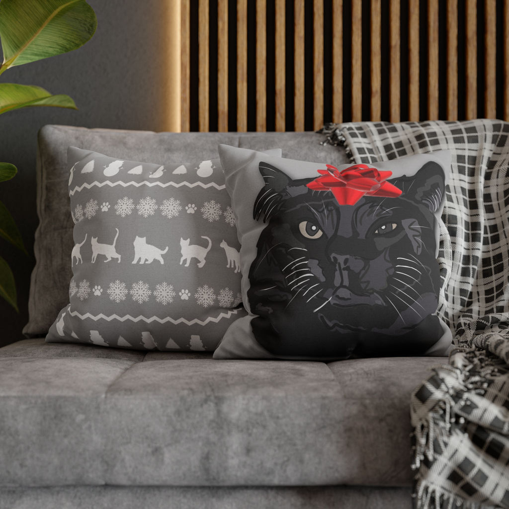 Black Cat with Red Bow Pillowcase - Gray Background | Spun Polyester Square Pillowcase
