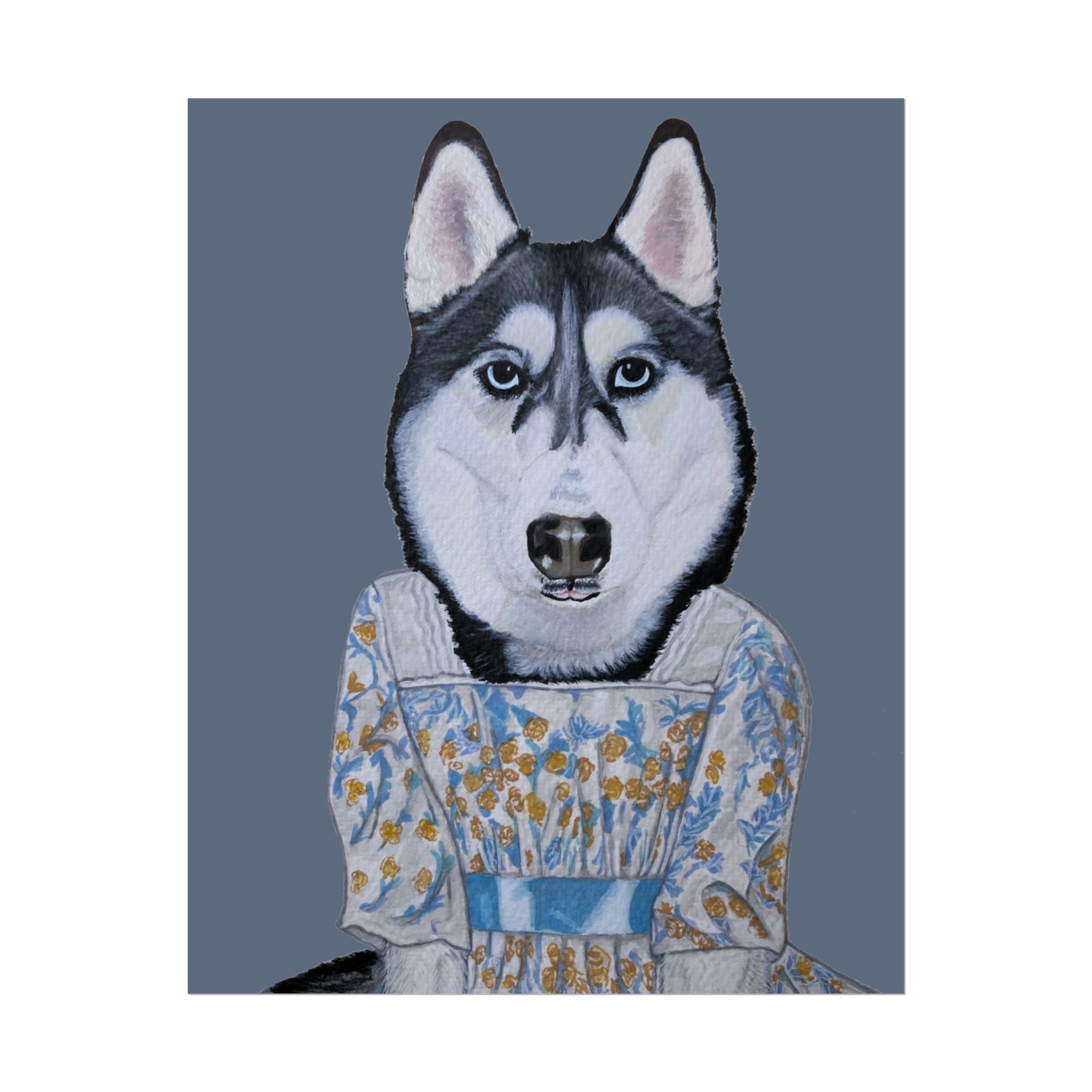 Funny Husky Wearing Jane Austen Style Regency Era-Inspired Dress Wall Poster - Dark Gray Background