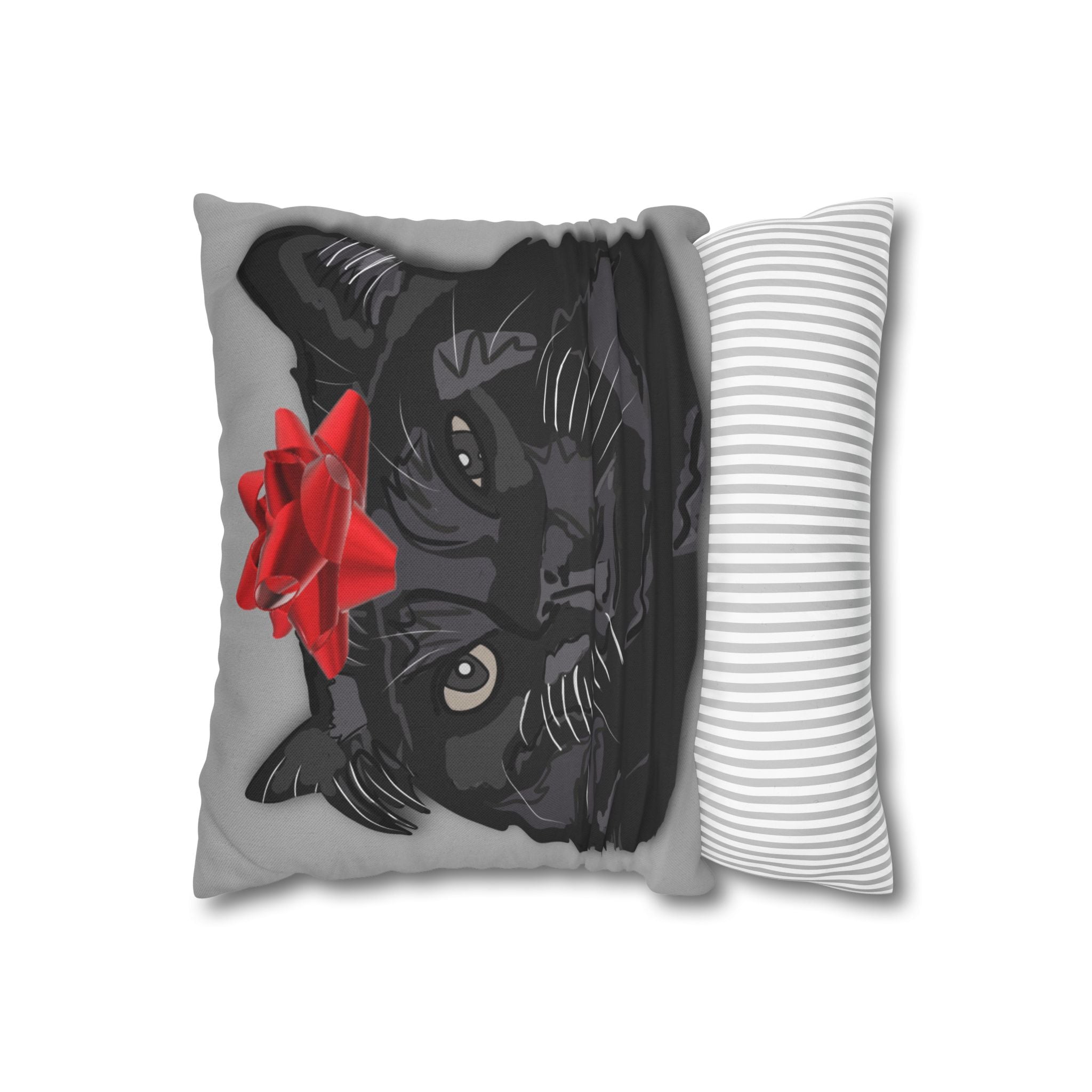 Black Cat with Red Bow Pillowcase - Gray Background | Spun Polyester Square Pillowcase