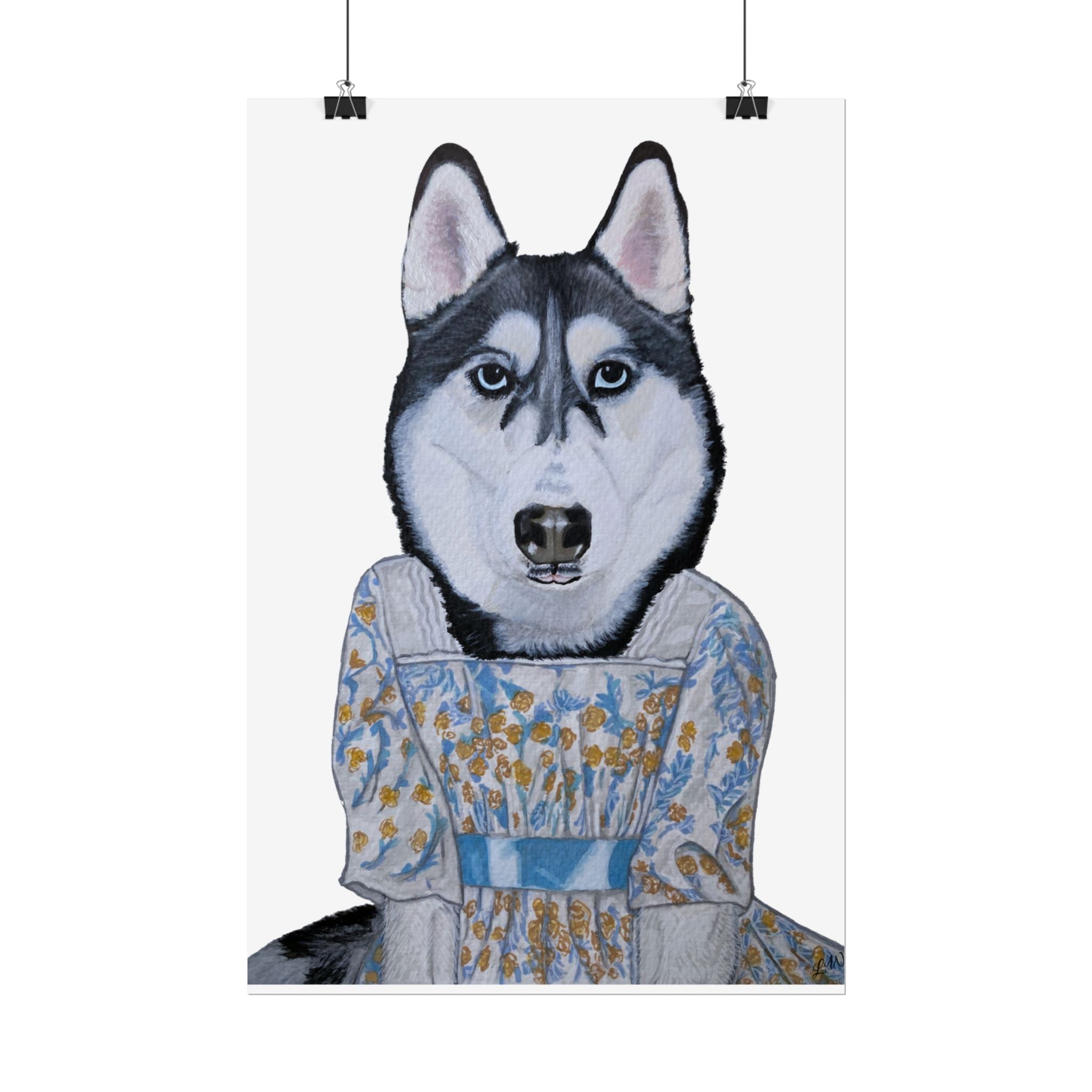 Funny Husky Wearing Jane Austen Style Regency Era-Inspired Dress Wall Poster - White Background