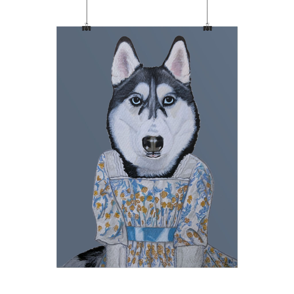 Funny Husky Wearing Jane Austen Style Regency Era-Inspired Dress Wall Poster - Dark Gray Background