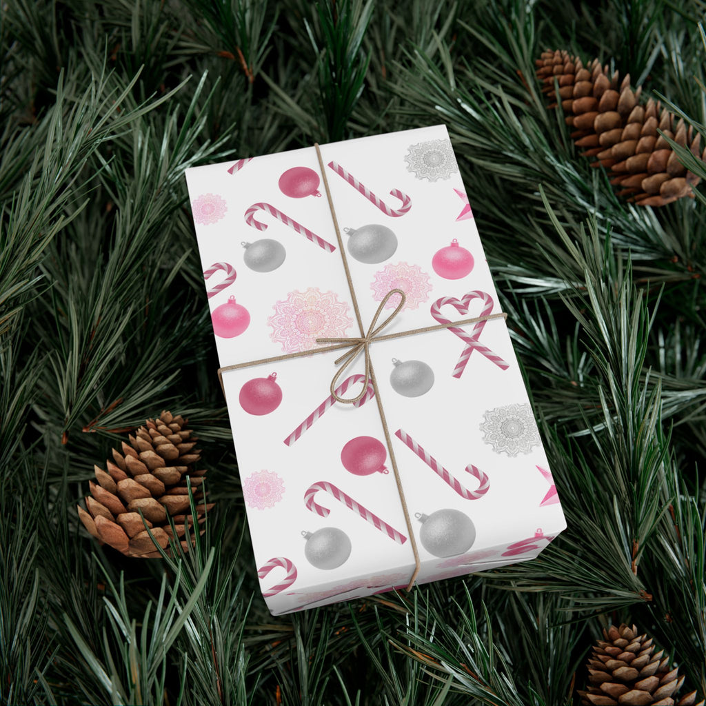 Shimmery White and Pink Christmas Wrapping Paper in Satin or Matte