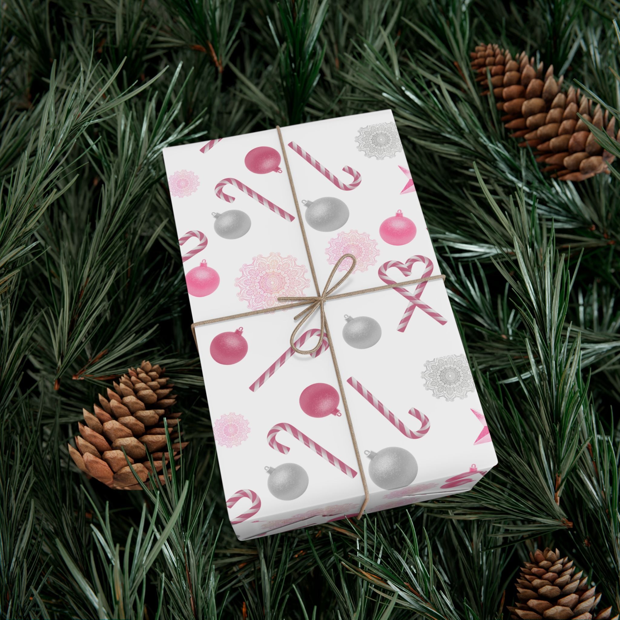 Shimmery White and Pink Christmas Wrapping Paper in Satin or Matte