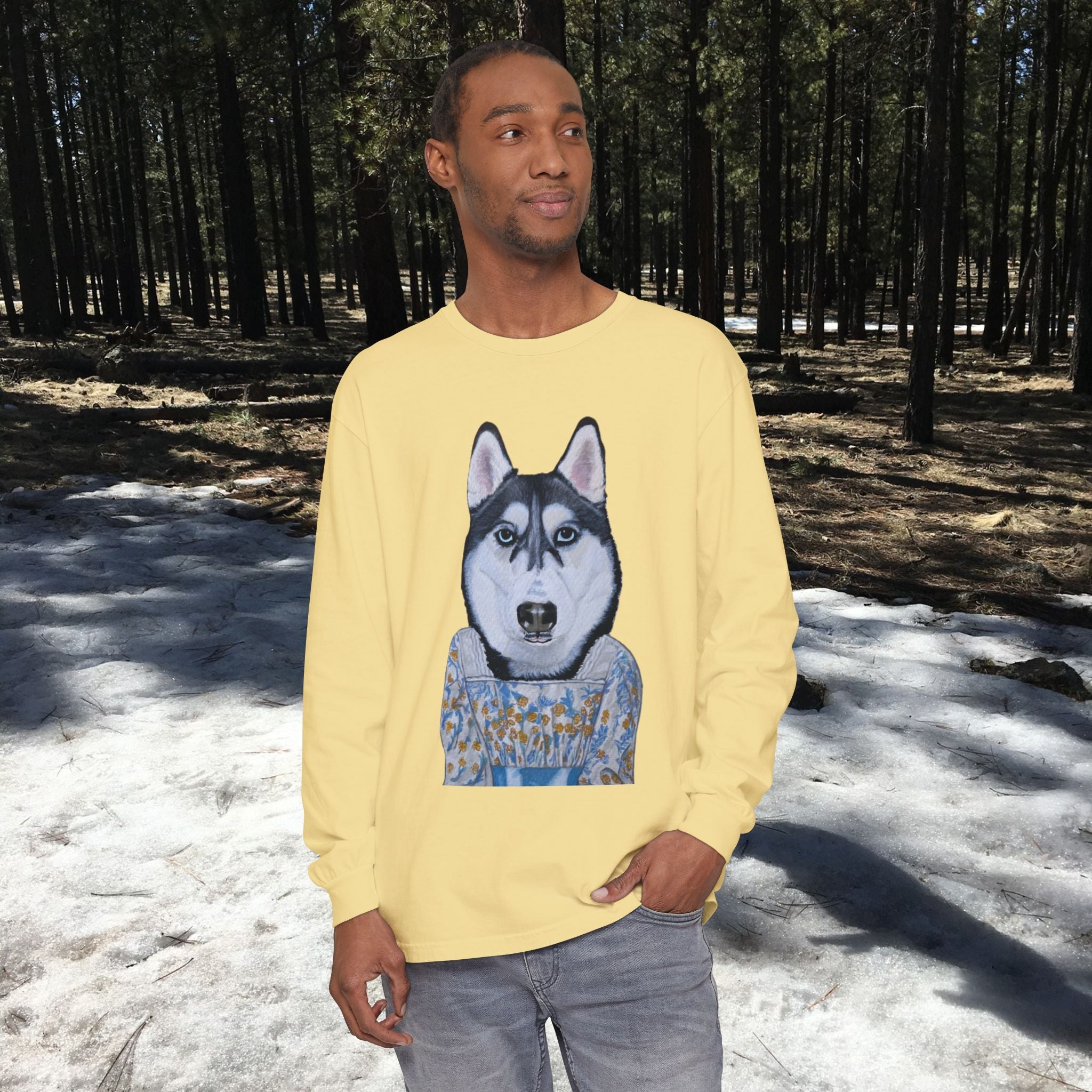 Husky Wearing Jane Austen Style Dress Long Sleeve T-Shirt, Animal Lover Gift, Dog-Themed Apparel, Casual Wear, Winter Fashion