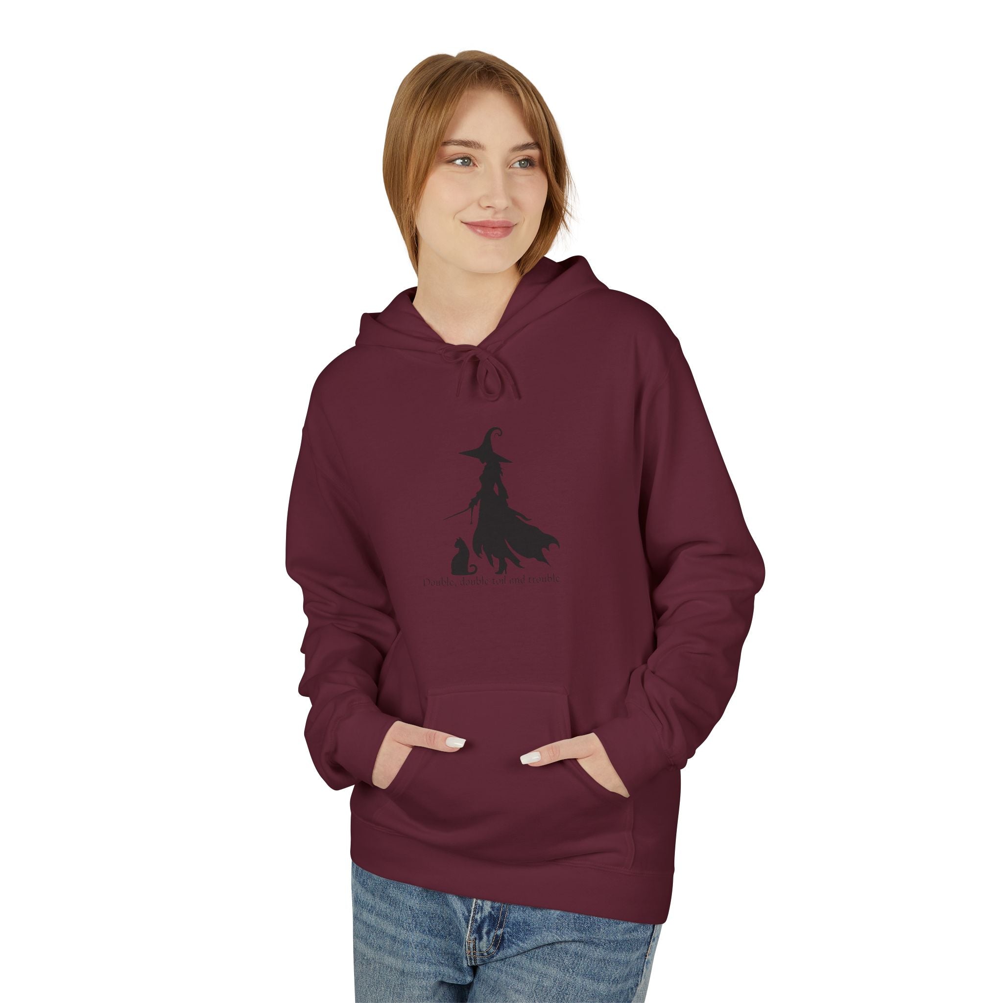 Witchy Cat Fleece Hoodie, Cozy Unisex Sweater, Perfect for Halloween, Casual Wear, Gift for Cat Lovers, Spooky Season Apparel