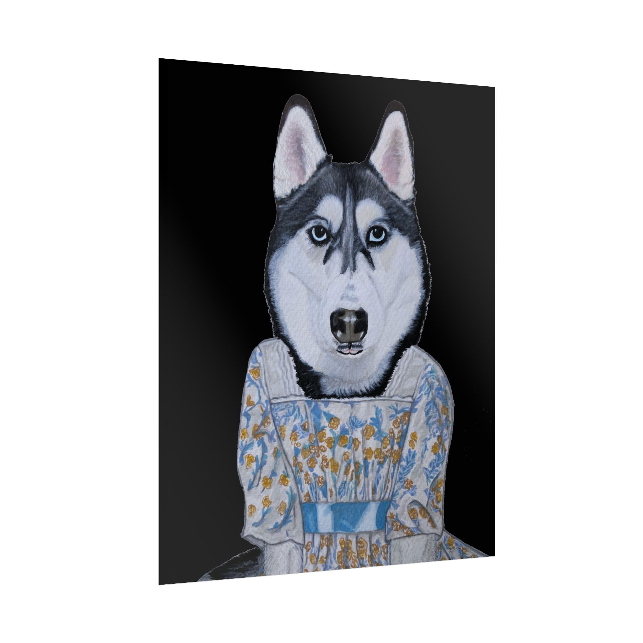 Funny Husky Wearing Jane Austen Style Regency Era-Inspired Dress Wall Poster - Black Background