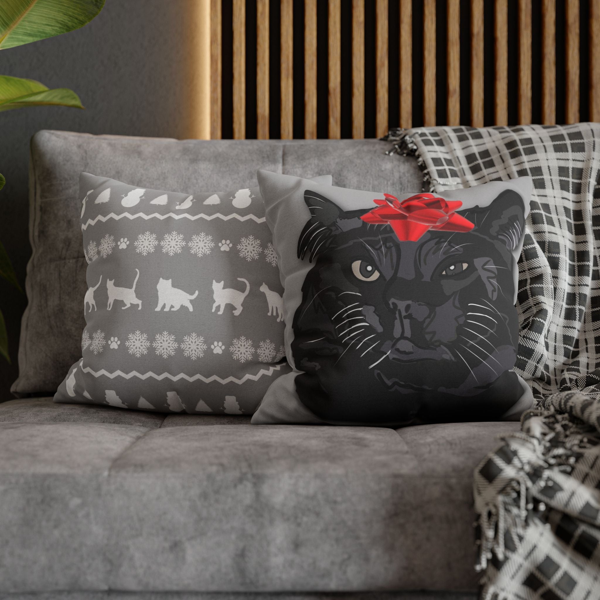 Black Cat with Red Bow Pillowcase - Gray Background | Spun Polyester Square Pillowcase