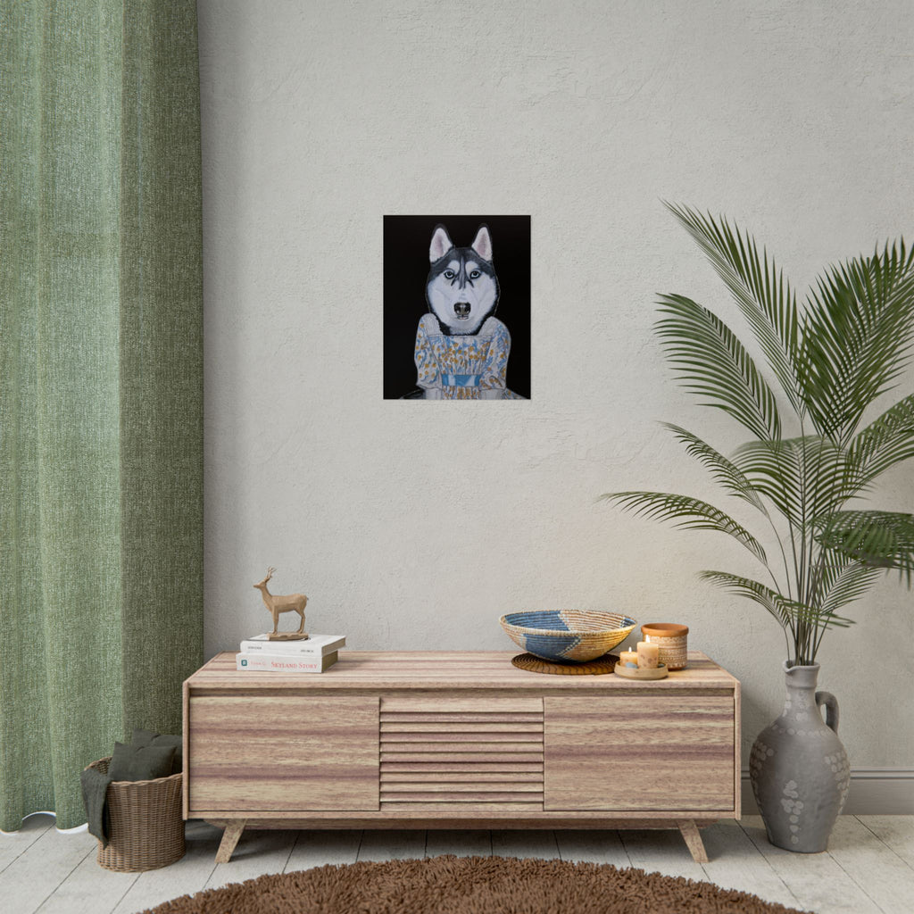 Funny Husky Wearing Jane Austen Style Regency Era-Inspired Dress Wall Poster - Black Background