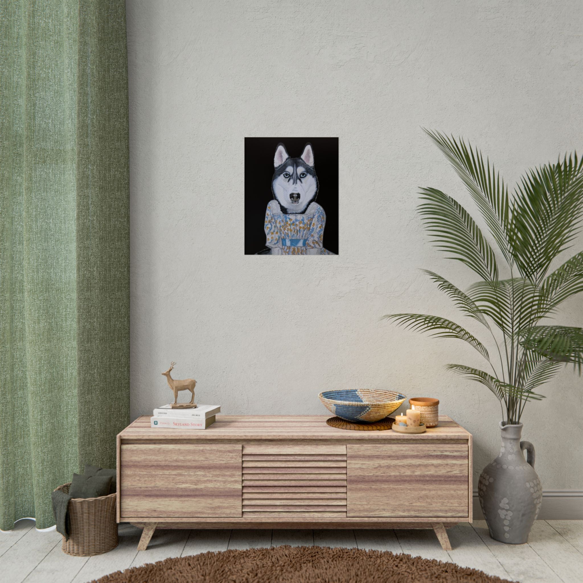 Funny Husky Wearing Jane Austen Style Regency Era-Inspired Dress Wall Poster - Black Background