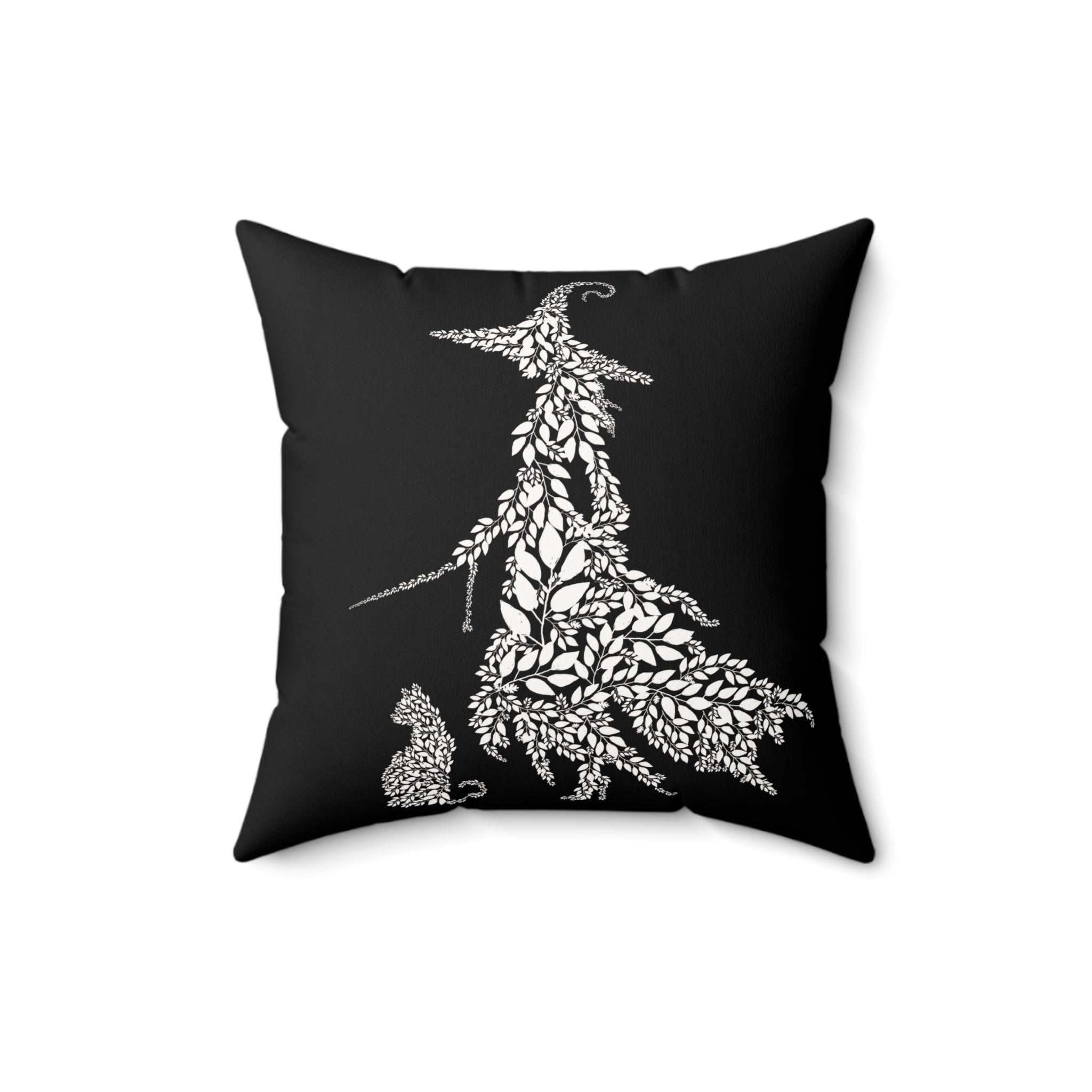 Botanical Witch & Cat Pillow: Black and White Faux Suede Decor