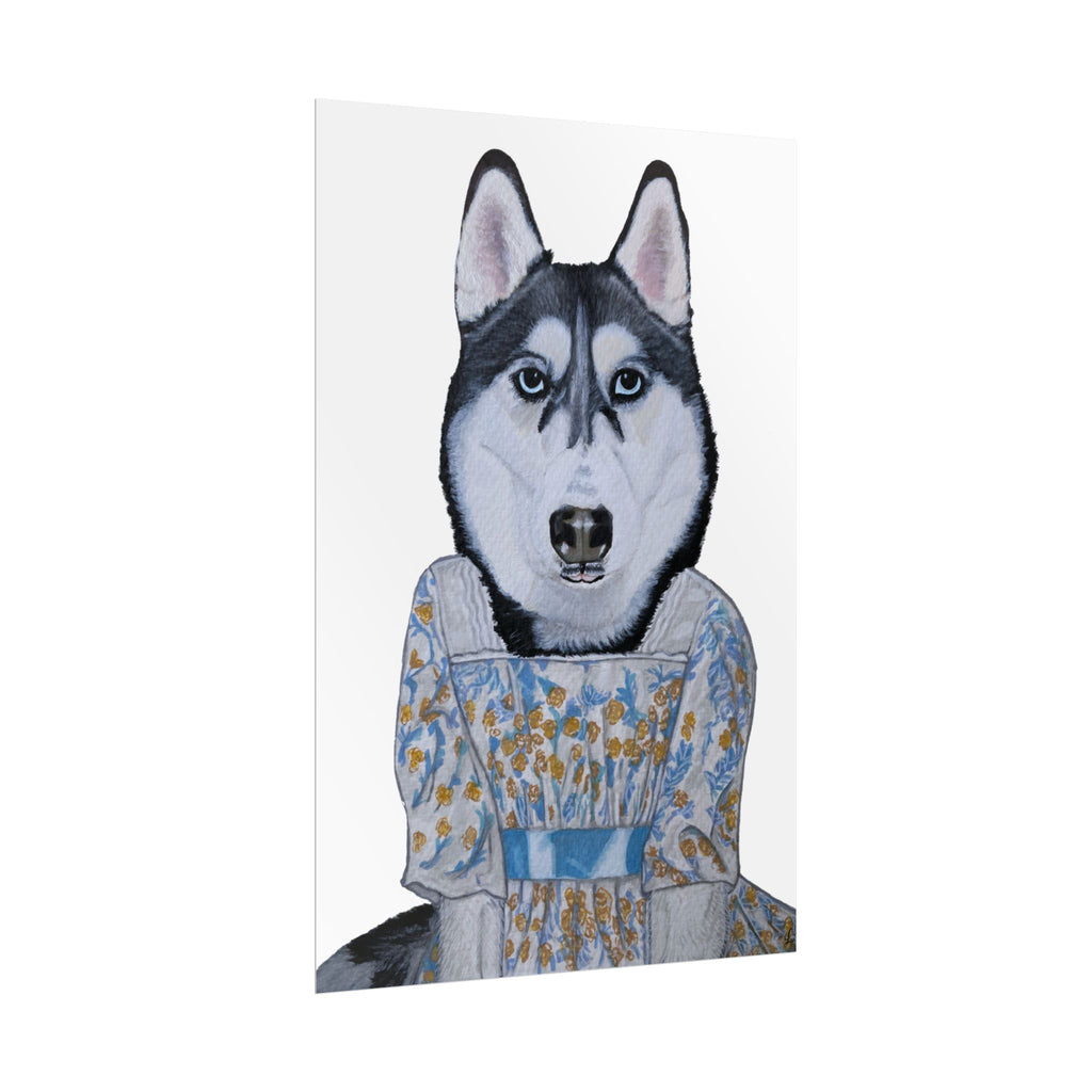 Funny Husky Wearing Jane Austen Style Regency Era-Inspired Dress Wall Poster - White Background