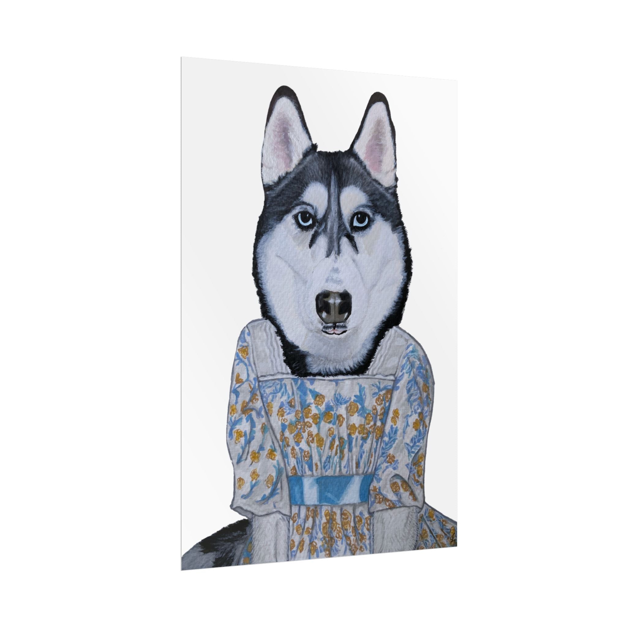 Funny Husky Wearing Jane Austen Style Regency Era-Inspired Dress Wall Poster - White Background