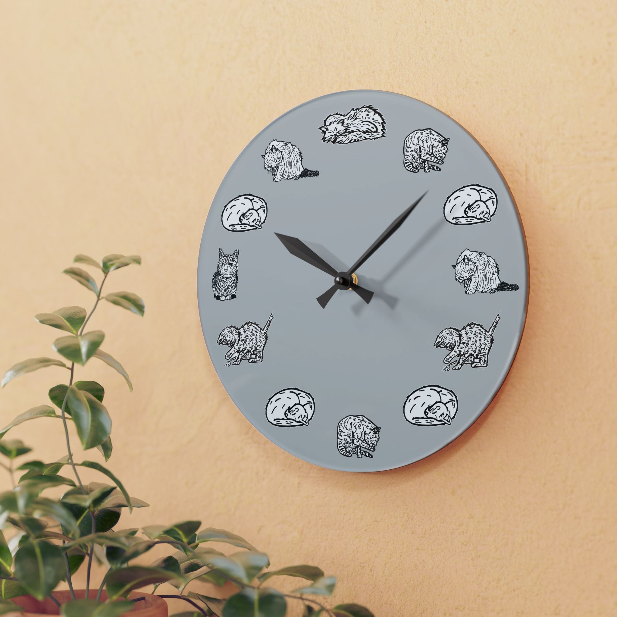 Gray Cat Wall Clock, Whimsical Nursery Decor, Acrylic Clock
