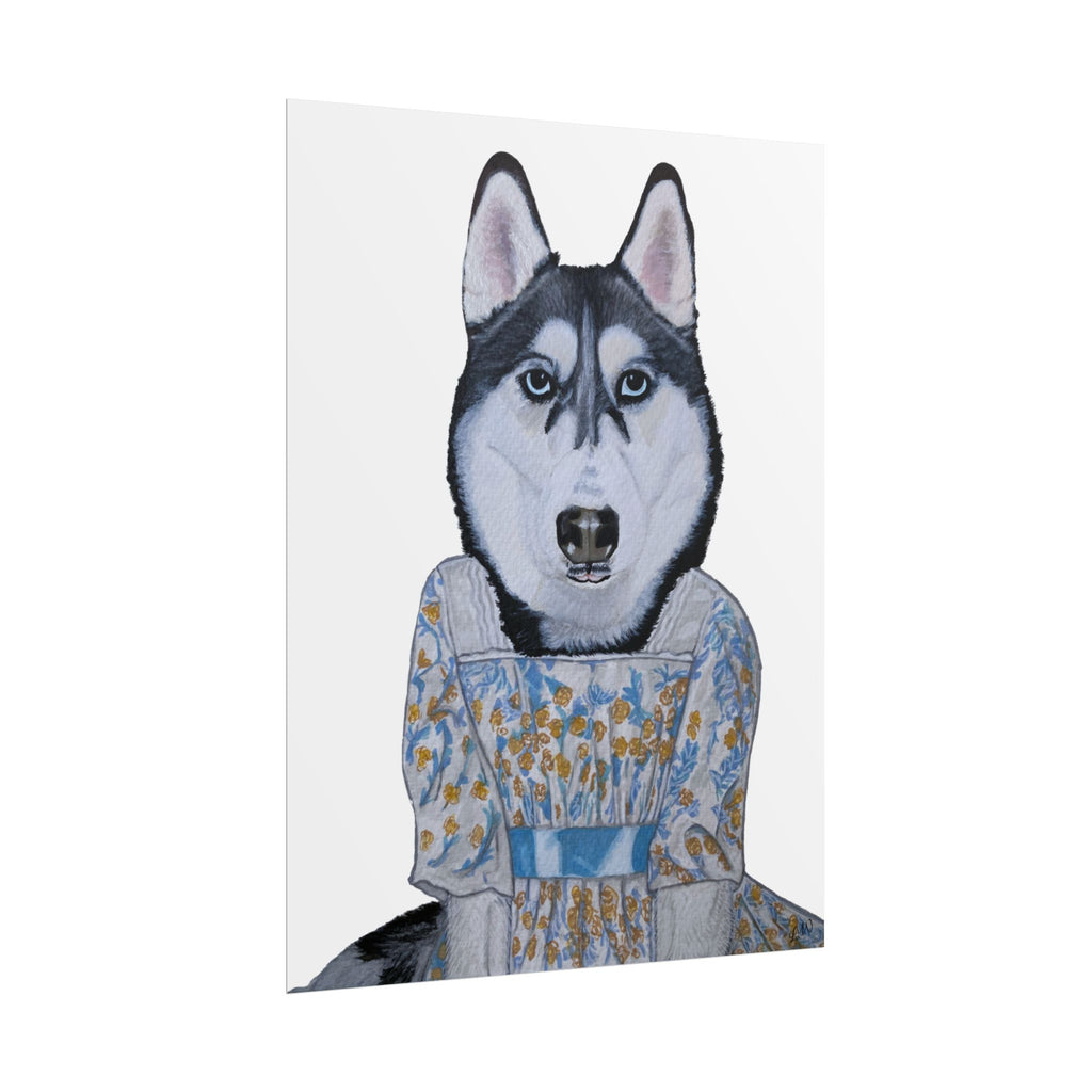Funny Husky Wearing Jane Austen Style Regency Era-Inspired Dress Wall Poster - White Background