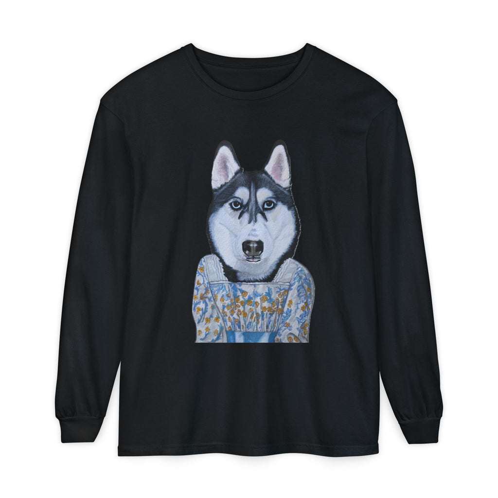 Husky Wearing Jane Austen Style Dress Long Sleeve T-Shirt, Animal Lover Gift, Dog-Themed Apparel, Casual Wear, Winter Fashion