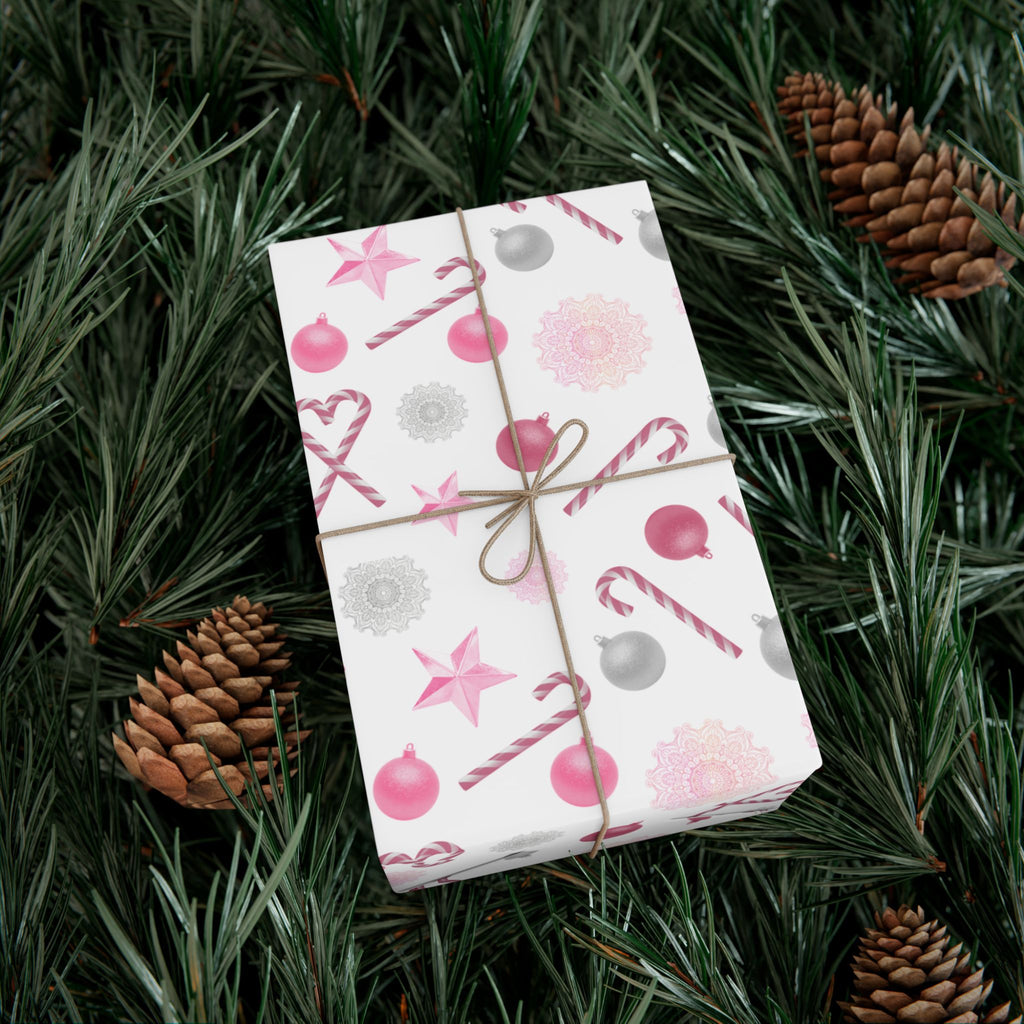 Shimmery White and Pink Christmas Wrapping Paper in Satin or Matte