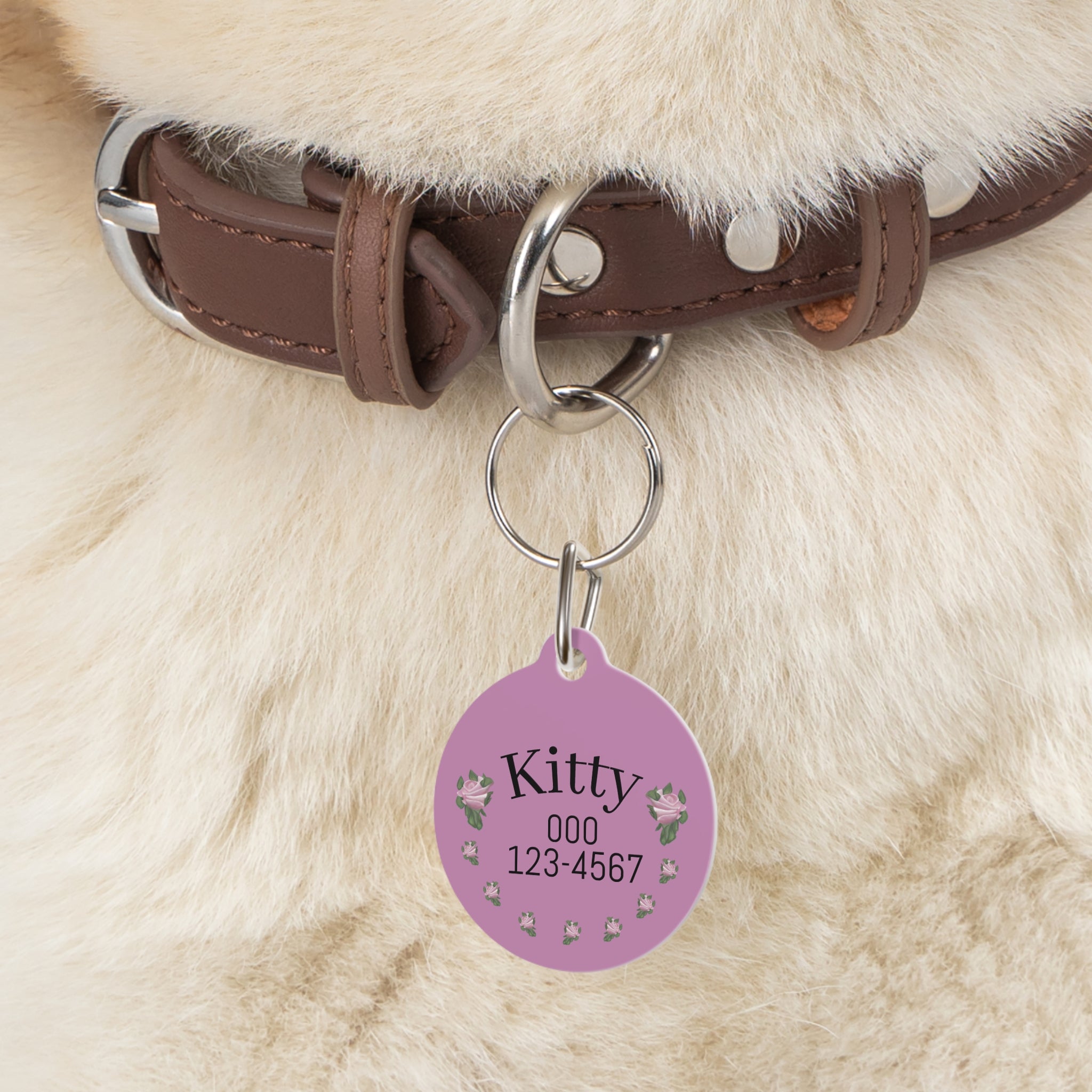 Pet Tag — Personalized Pink Floral Cat ID Tag with Paw Address